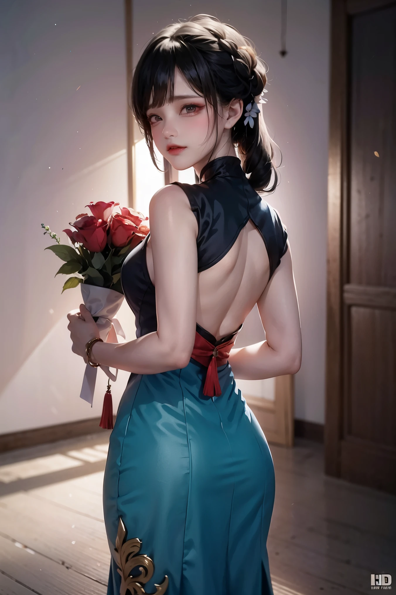 a beautiful girl in vintage colors aodai , masterpiece, best quality, realistic:1.3, street, cyberpunk, holding bundle of adubon flowers, sunlight, backlighting, ((((hdr)))), intricate scene, artstation, intricate details, vignette