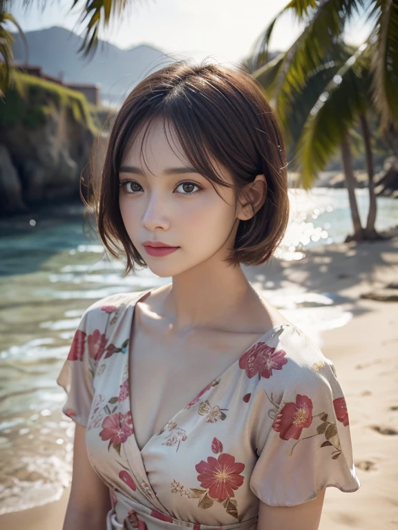 (nnlnnx_1985-1987_v1.4 grams:0.5), nnlnnx, short hair, (sharp focus:1.2), portrait, intractive young woman, (beautiful face:1.1), fine eyes, luscious lips, (eye make up:1.2), (toned body:1.2), wear (floral dress:1.2) in (beach:1.2). (morning sun lighting:1.2), Depth of bounds written, Bokeh, 4K, HDR. By (james c. Christensen:1.2|Jeremy Lipking:1.1).