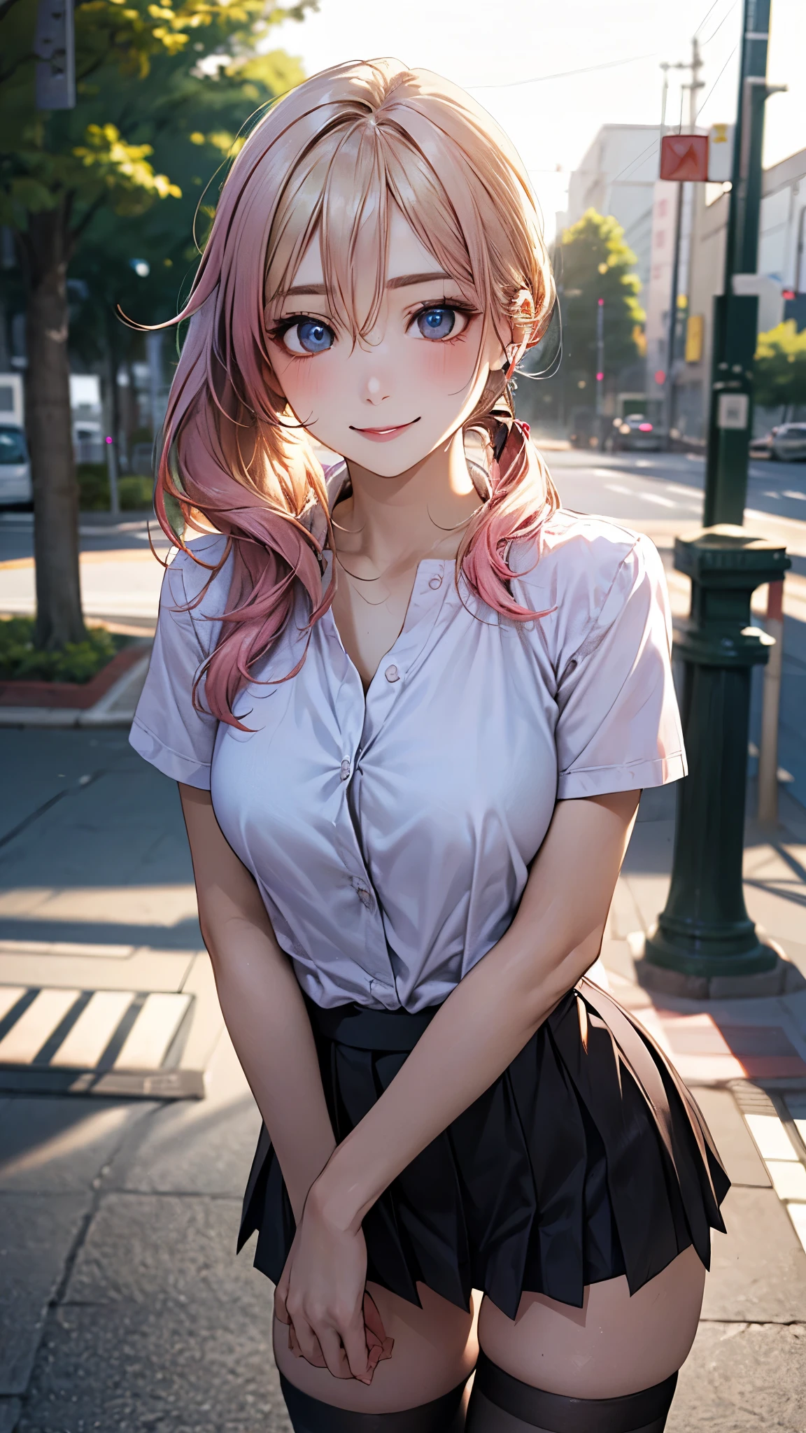(masterpiece:1.2, top-quality), (realistic, photorealistic:1.4), beautiful illustration, (natural side lighting, movie lighting), 
looking at viewer, cowboy shot, front view:0.6, 1 girl, japanese, high school girl, perfect face, cute and symmetrical face, shiny skin, 
(middle hair:1.7, side ponytail:1.7, (blond hair)), hair between eyes, blue eyes, long eye lasher, (large breasts:0.9, thick thighs), 
beautiful hair, beautiful face, beautiful detailed eyes, beautiful clavicle, beautiful body, beautiful chest, beautiful thigh, beautiful legs, beautiful fingers, 
((red pleated mini skirt, black stockings, unbuttoned light pink shirt)), pink hair ribbon, pink panties, 
(beautiful scenery), evening, riverside, walking, hands on chest, (excited face, very happy), 