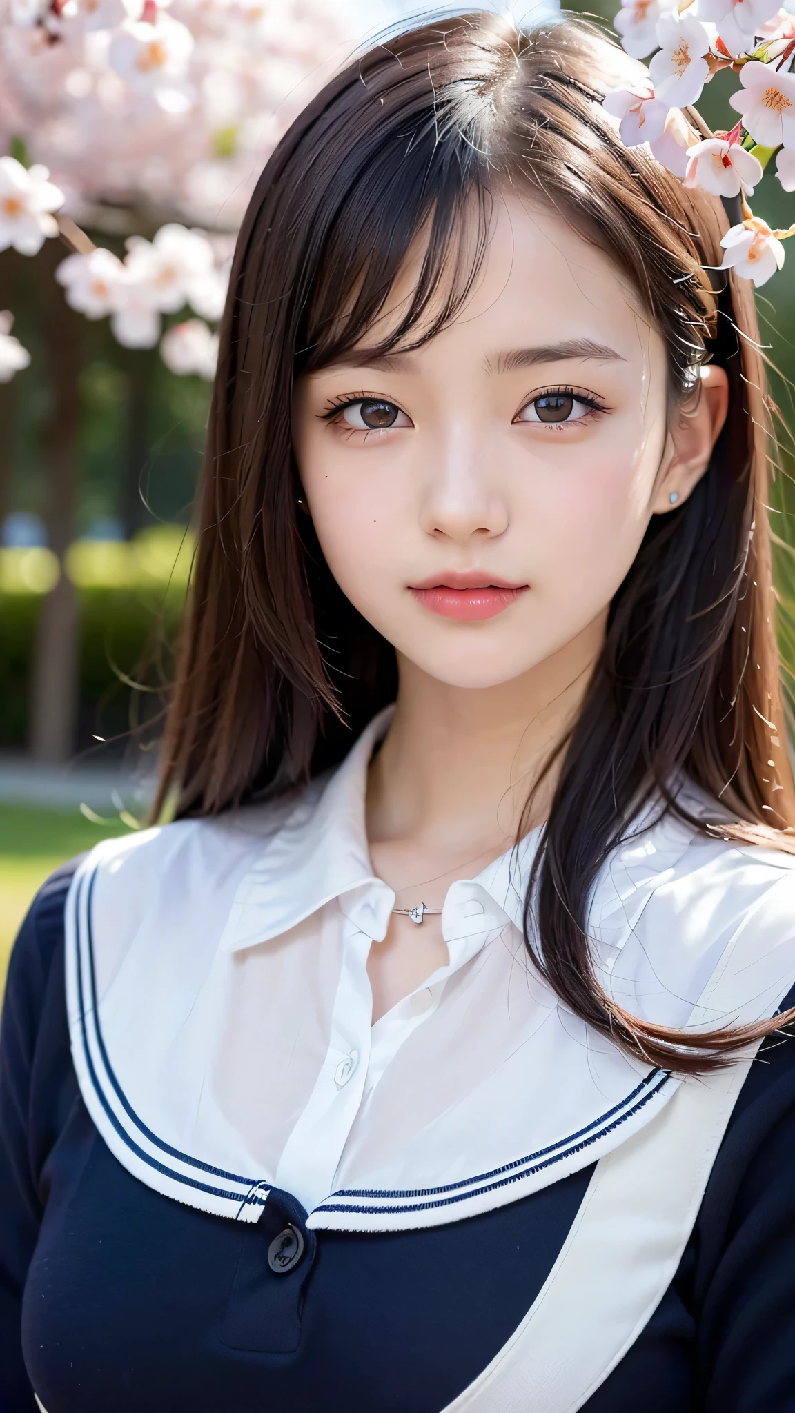 (1ung girl), Amazing face and eyes, (amazingly beautiful girl), (Best Quality:1.4), (Ultra-detailed), (extremely detailed CG unified 8k wallpaper), Highly detailed, High-definition raw color photos, Professional Photography, sailor uniform, school uniform, School, Spring, cherry blossoms,