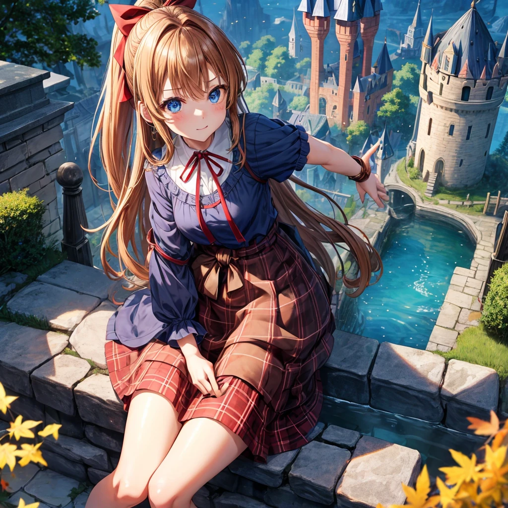 reddish-brown blonde、blue hair、blue eyes、ponytail、one good looking girl、solo、anime、Plaid miniskirt、camisole、sitting、black t-shirt、Tilting your face、Doing the ribbon、Ribbon at waist、sunset sky、broken stone steps、Remains、tunnel、Fallen leaves、Light and shadow、monster castle、One leg is raised、castle floating in the air、column、Jewelry box、flag、sparks fall、forest、Hand mirror、bondage、tall grass grows、cloak、circular cobblestone、the ground is cracked、aquarium、Vortex of Light、looking down、Fairies are flying