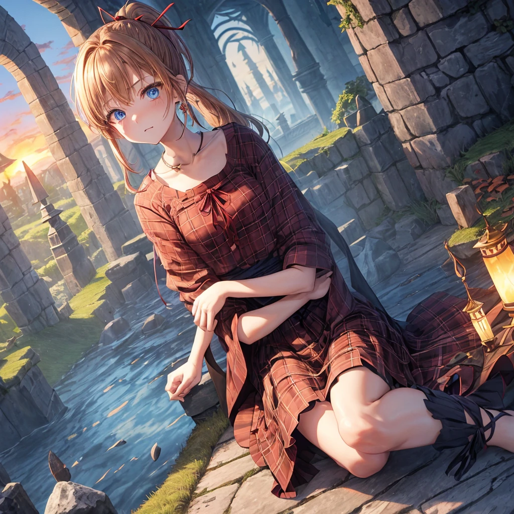 reddish-brown blonde、blue hair、blue eyes、ponytail、one good looking girl、solo、anime、Plaid miniskirt、camisole、sitting、black t-shirt、Tilting your face、Doing the ribbon、Ribbon at waist、sunset sky、broken stone steps、Remains、tunnel、Fallen leaves、Light and shadow、monster castle、One leg is raised、castle floating in the air、column、Jewelry box、flag、sparks fall、forest、Hand mirror、bondage、tall grass grows、cloak、circular cobblestone、the ground is cracked、aquarium、Vortex of Light、looking down、Fairies are flying