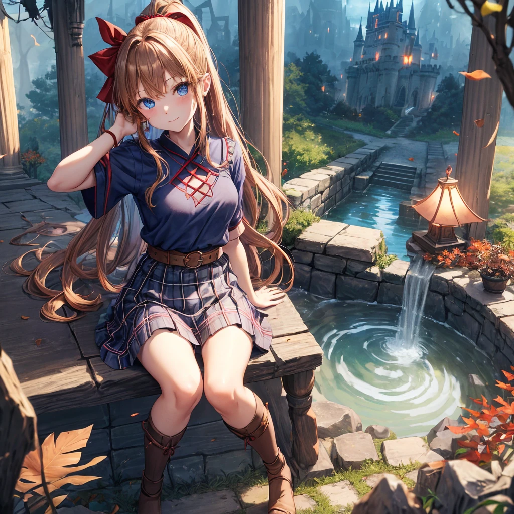 reddish-brown blonde、blue hair、blue eyes、ponytail、one good looking girl、solo、anime、Plaid miniskirt、camisole、sitting、black t-shirt、Tilting your face、Doing the ribbon、Ribbon at waist、sunset sky、broken stone steps、Remains、tunnel、Fallen leaves、Light and shadow、monster castle、One leg is raised、castle floating in the air、column、Jewelry box、flag、sparks fall、forest、Hand mirror、bondage、tall grass grows、cloak、circular cobblestone、the ground is cracked、aquarium、Vortex of Light、looking down、Fairies are flying
