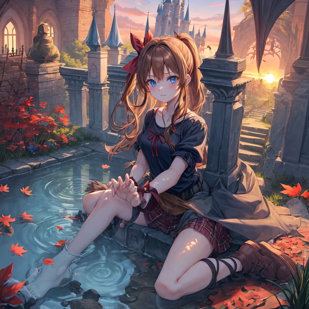 reddish-brown blonde、blue hair、blue eyes、ponytail、one good looking girl、solo、anime、Plaid miniskirt、camisole、sitting、black t-shirt、Tilting your face、Doing the ribbon、Ribbon at waist、sunset sky、broken stone steps、Remains、tunnel、Fallen leaves、Light and shadow、monster castle、One leg is raised、castle floating in the air、column、Jewelry box、flag、sparks fall、forest、Hand mirror、bondage、tall grass grows、cloak、circular cobblestone、the ground is cracked、aquarium、Vortex of Light、looking down、Fairies are flying