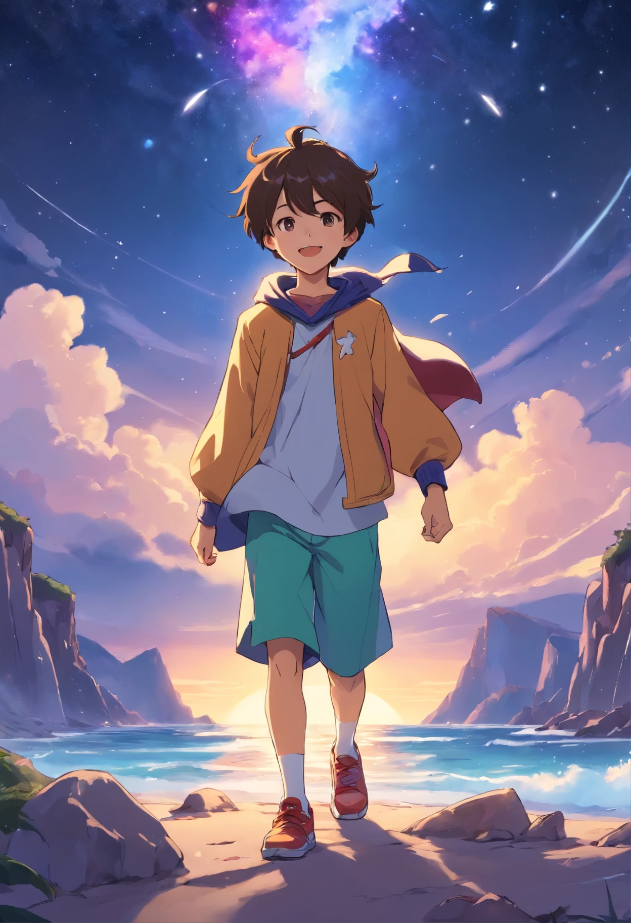 Universal Weight Tarot Card No. 0 The Fool, A boy with a happy expression wearing colorful clothes standing on a cliff on a beach like the Milky Way, A white puppy is barking and following from afar..