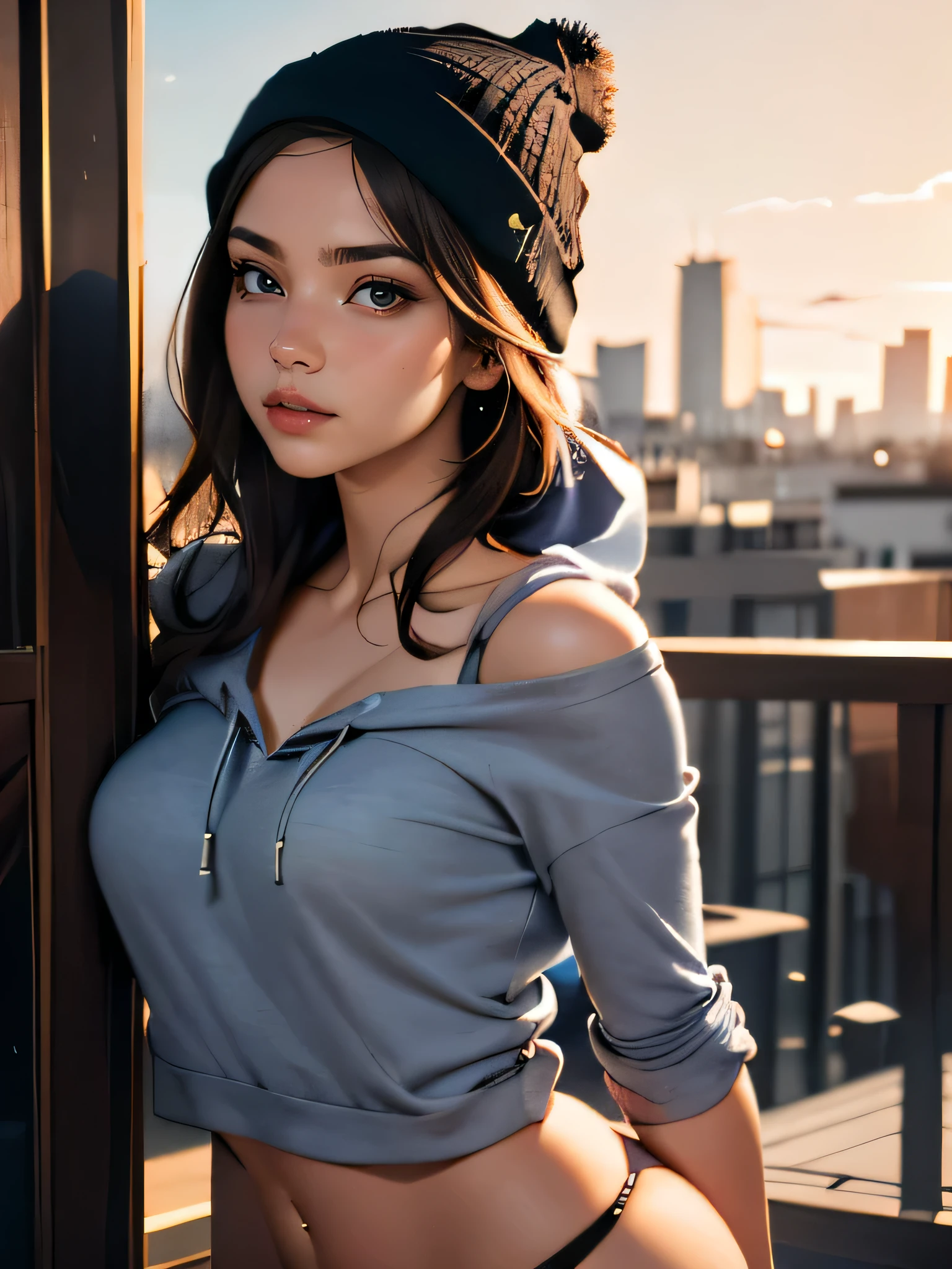 (((HD photo))), ultra high res.photorealistic:. 1.4, UHD, masterpiece, trending on artstation, upper body shot, close up shot of her face and shoulders, pretty, cute girl, most beautiful in the world, perfect hips, soft, delicate, long dark hair, slim body, large breasts, nsfw, wearing black beanie::1.5, wearing grey hoodie::1.5, sunkissed, morning city background