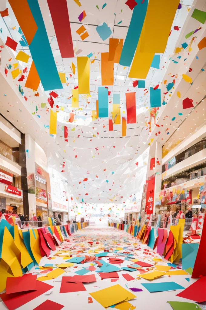 Large scale promotional activities in shopping malls. At the event, colorful paper scraps were scattered and customers were shopping, creating a joyful atmosphere, panoramic view, Ultra high saturation, (best quality, masterpiece, Representative work, official art, Professional, 8k)