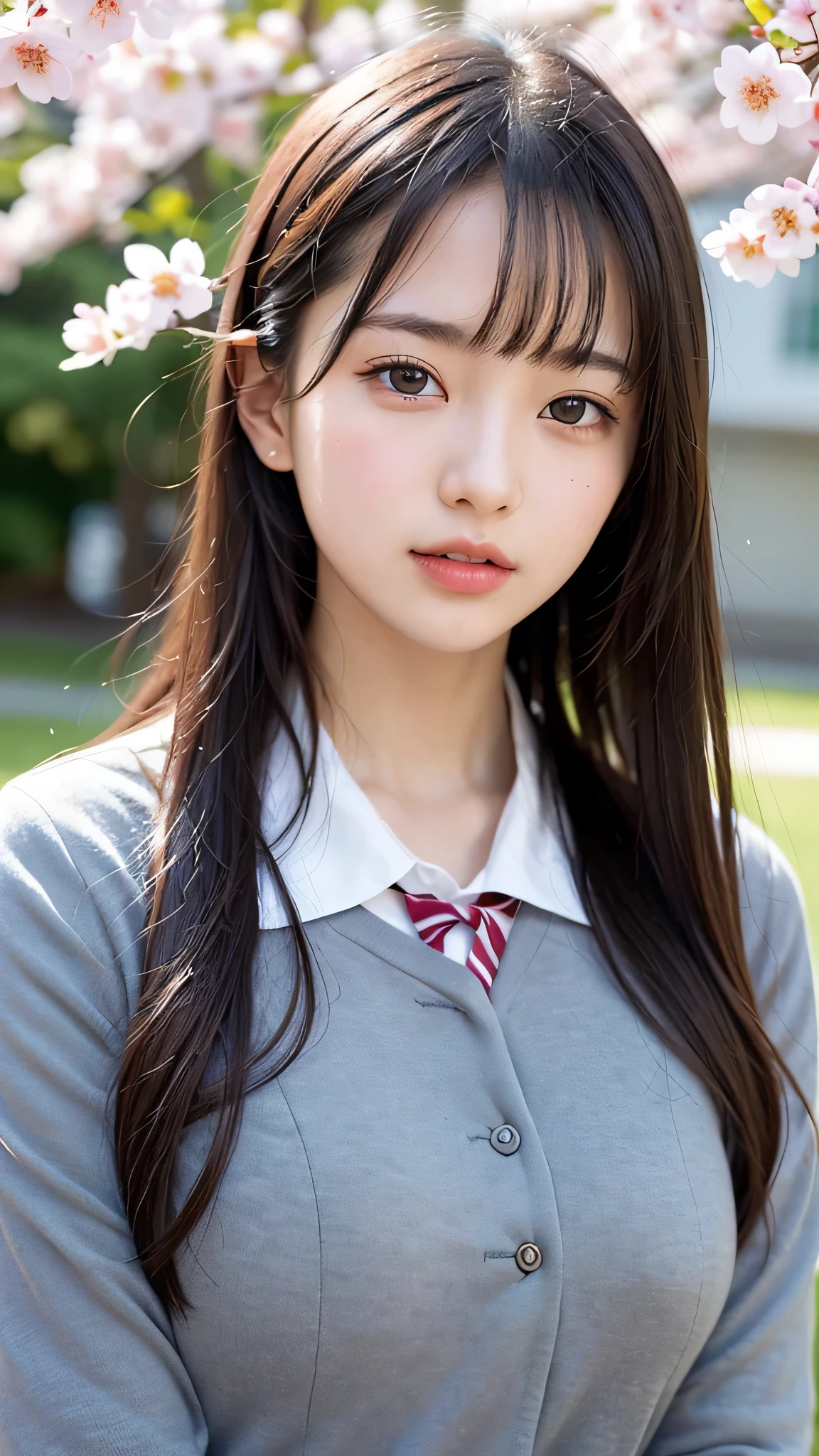 (1ung girl), Amazing face and eyes, (amazingly beautiful girl), (Best Quality:1.4), (Ultra-detailed), (extremely detailed CG unified 8k wallpaper), Highly detailed, High-definition raw color photos, Professional Photography, sailor uniform, school uniform, School, Spring, cherry blossoms,