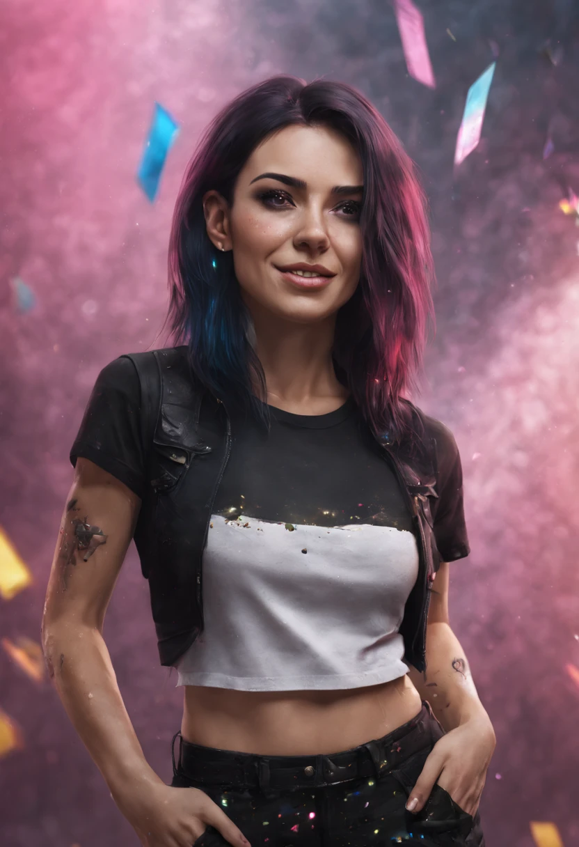 latin beautiful woman. smile. pink dark hair. cyberpunk style. brown eyes. tight black pants. tight black t-shirt. lights. confetti raining down. joyous celebrations. detailed matte painting, deep color, fantastical, intricate detail, splash screen, complementary colors, fantasy concept art, 8k resolution trending on Artstation Unreal Engine 5