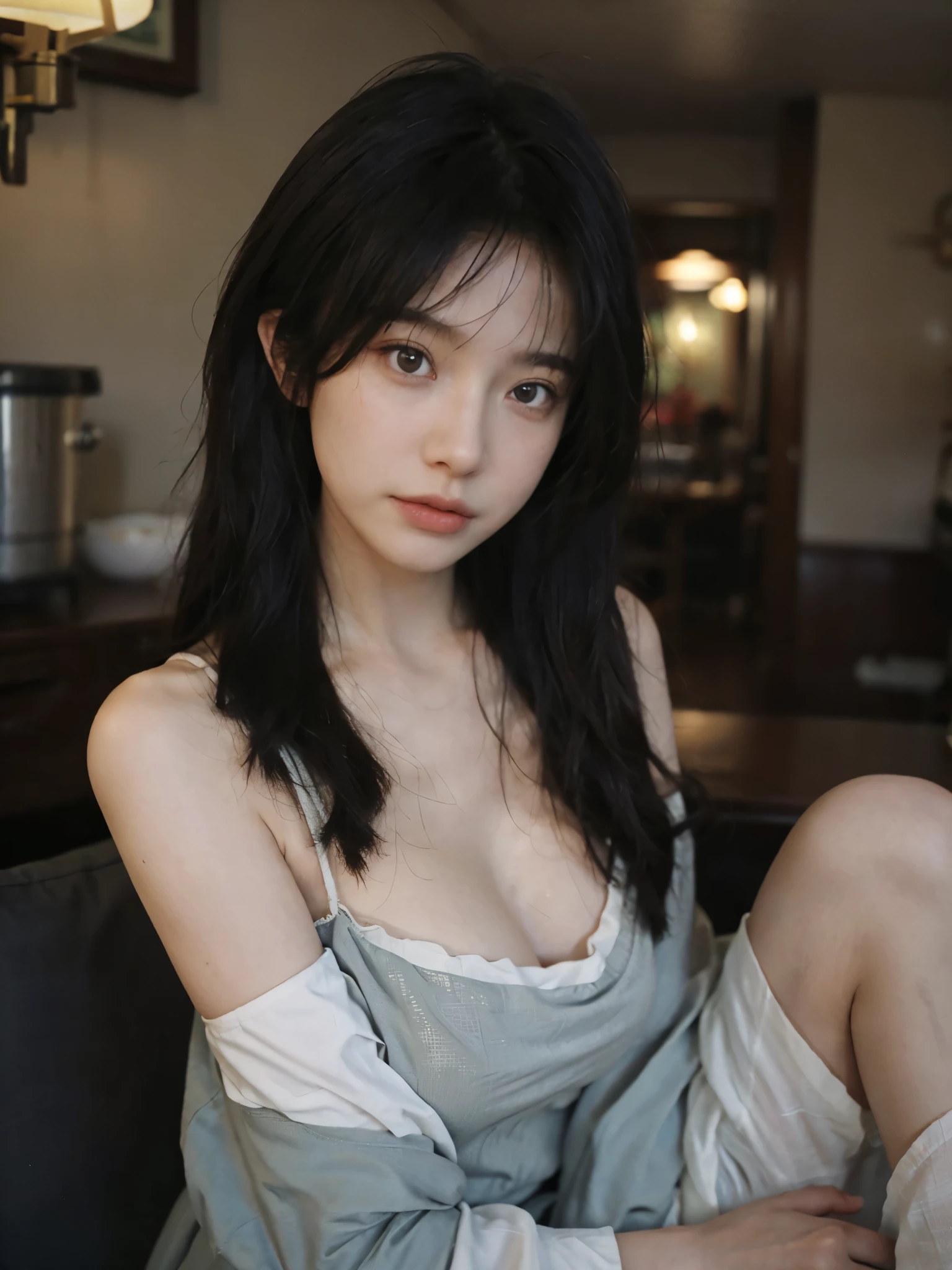 Film portrait photography, 1 girl, bare shoulders, Shoulder length wavy hair, serene, calm, (Realistic and detailed eyes, natural skin texture, Realistic facial details), Soft dramatic lighting, depth of field, Bokeh,cleavage,大cleavage, Vibrant details, Detailed and detailed, surreal, 35mm film, hazy, ,