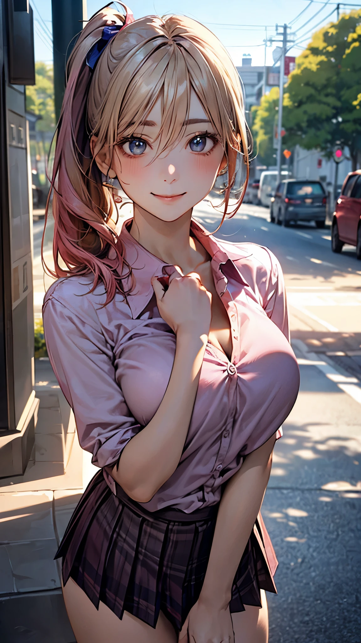 (masterpiece:1.2, top-quality), (realistic, photorealistic:1.4), beautiful illustration, (natural side lighting, movie lighting),
looking at viewer, cowboy shot, front view:0.6, 1 wonan, japanese, , perfect face, cute and symmetrical face, shiny skin,
(middle hair:1.7, side ponytail:1.7, (blonde hair)), hair between eyes, blue eyes, long eye lasher, (large breasts:0.9, thick thighs),
beautiful hair, beautiful face, beautiful detailed eyes, beautiful clavicle, beautiful body, beautiful chest, beautiful thigh, beautiful legs, beautiful fingers,
((red pleated pencil, unbuttoned light pink shirt)), pink hair ribbon, pink panties,
(beautiful scenery), evening, riverside, walking, hands on chest, (excited face, very happy),