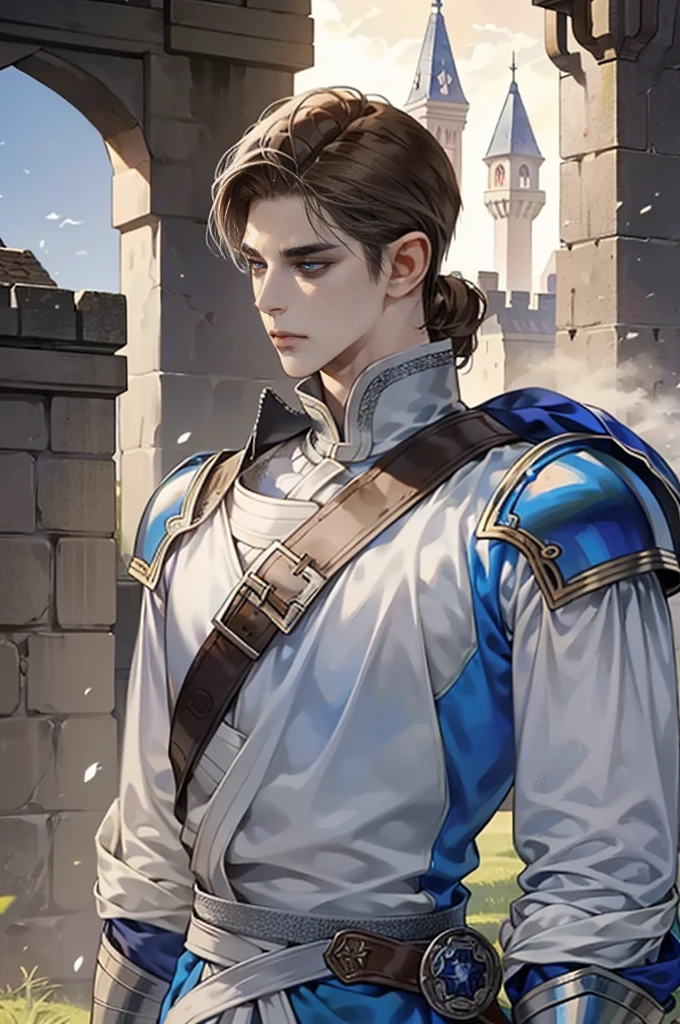 1 , Young male, Eyes blue looking to camera, Perfect male body, (Knight, Tall and strong,Brown hair,Frown,silver armor, sword in hand,stand in castle),dramatic shadow, Ray Tracing,Portrait,(tmasterpiece, high resolution, ultra - detailed:1.0)