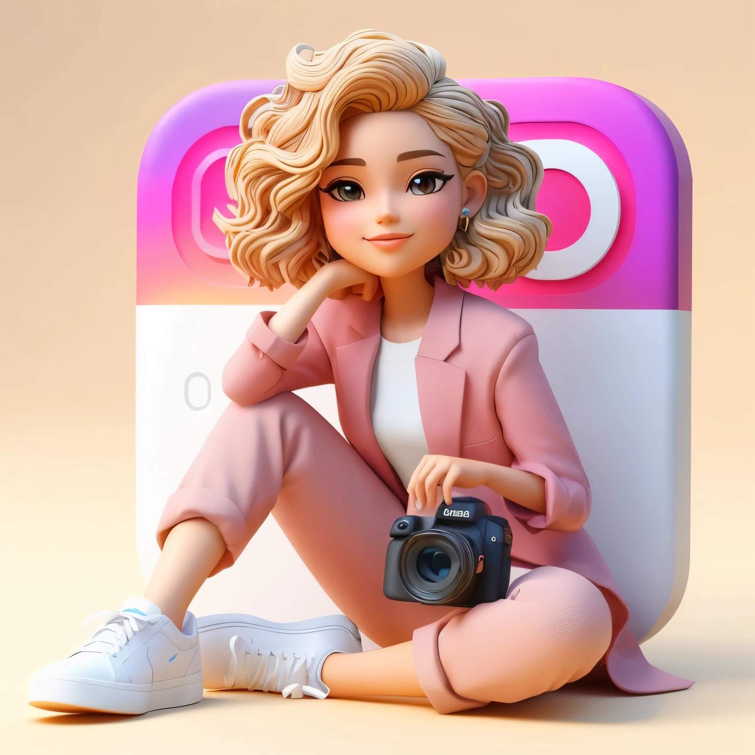 there is a woman sitting on the floor with a camera, beautiful 3d rendering, 3D illustration, 3D illustration, modelo do instagram, para contratar artista 3d, 3D illustration Matte, in digital illustration style, arte digital detalhada fofa, estilo 3D realista, Stylized 3D rendering, arte de personagem 3d, arte digital fofa, Personagens 3D, put the character standing while photographing
