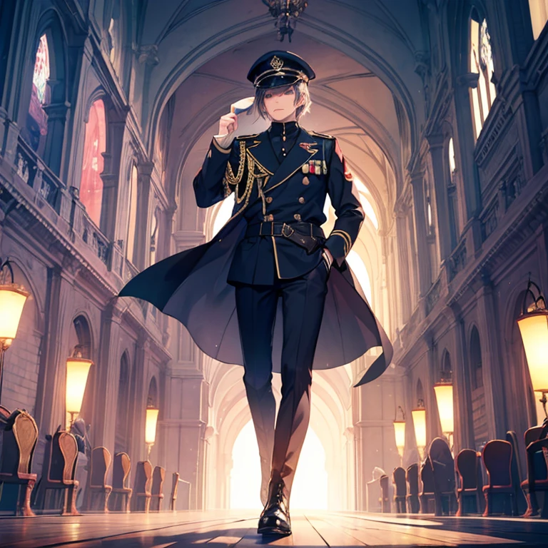 Middle Eastern、Military Personnel、blue、black color、hat、boots、Major、fantasy、fullbody、gentleman