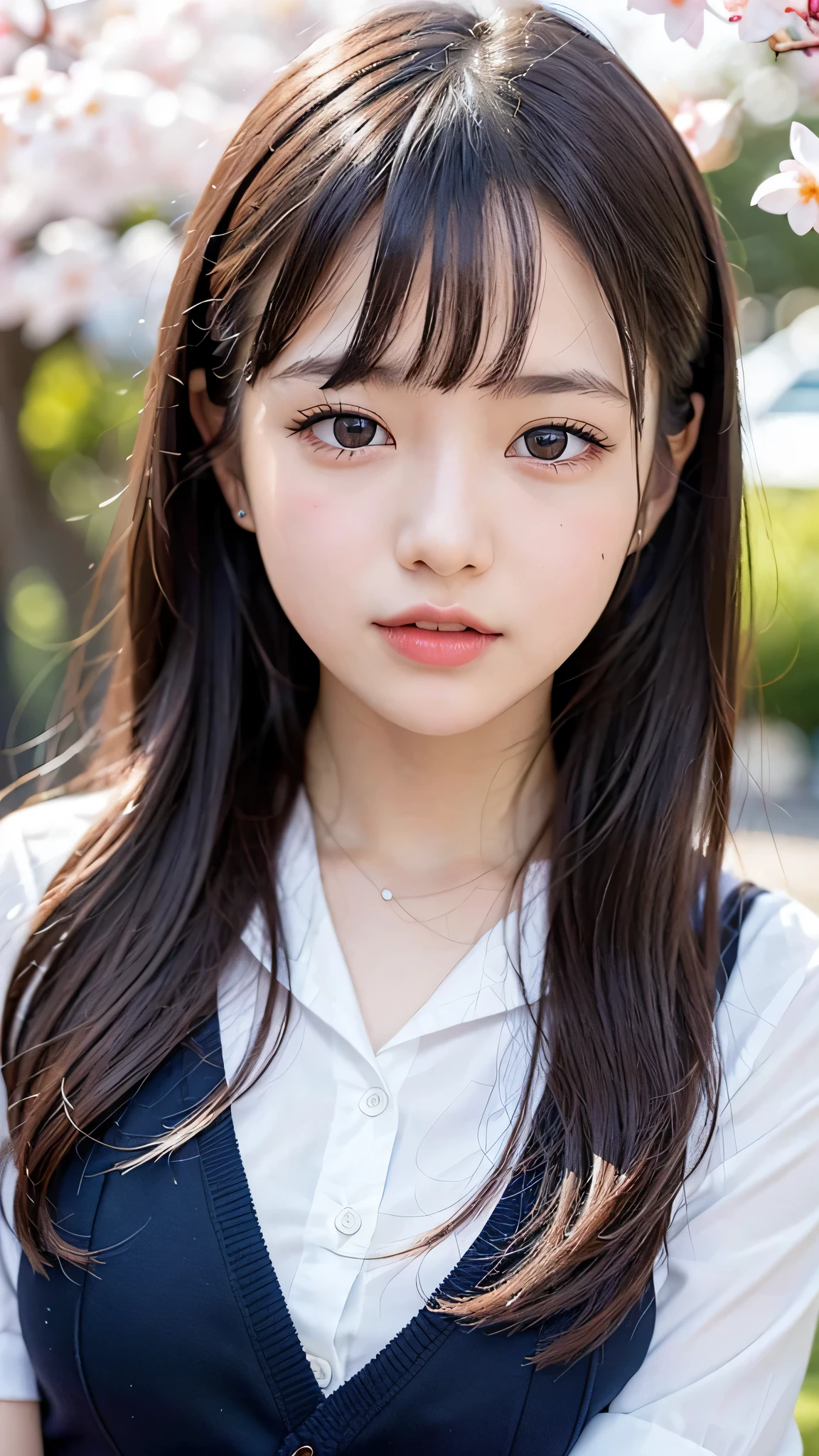 (1ung girl), Amazing face and eyes, (amazingly beautiful girl), (Best Quality:1.4), (Ultra-detailed), (extremely detailed CG unified 8k wallpaper), Highly detailed, High-definition raw color photos, Professional Photography, sailor uniform, school uniform, School, Spring, cherry blossoms,