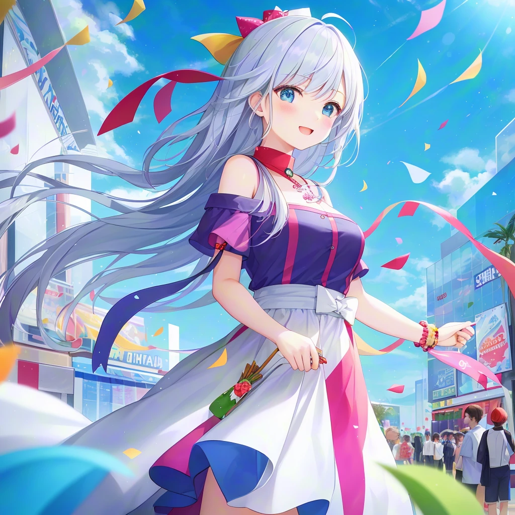 1girl, Large scale promotional activities in shopping malls. At the event, colorful paper scraps were scattered and customers were shopping, creating a joyful atmosphere, panoramic view, Ultra high saturation, (best quality, masterpiece, Representative work, official art, Professional, 8k)