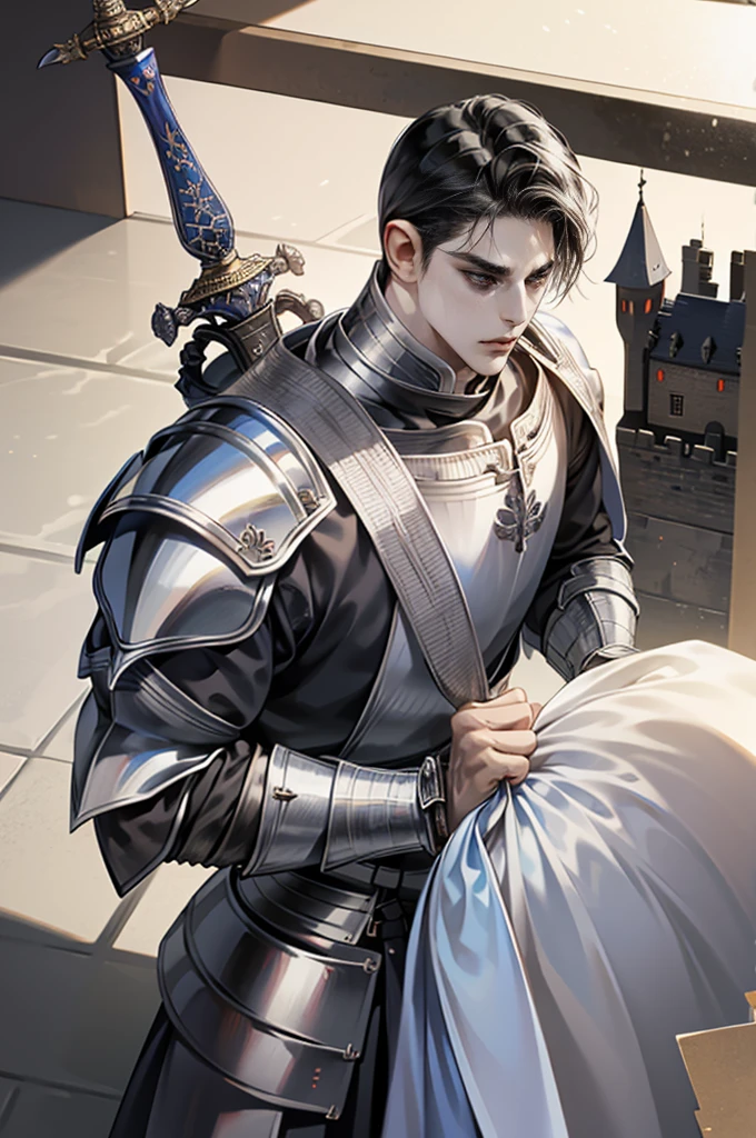 1 boy, Young male, Eyes red looking to camera, Perfect male body, (Knight, Tall and strong,Black hair,Frown,silver armor, sword in hand,stand in castle),dramatic shadow, Ray Tracing,Portrait,(tmasterpiece, high resolution, ultra - detailed:1.0)
