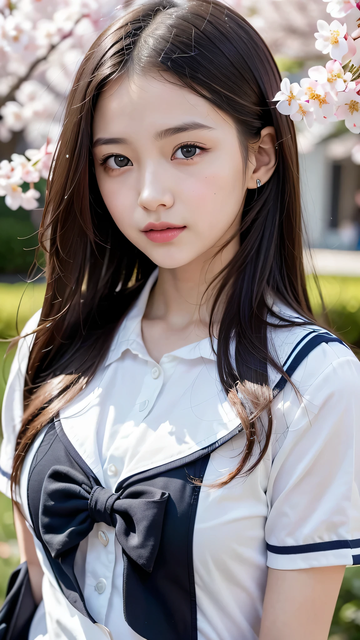 (ung girl), Amazing face and eyes, (amazingly beautiful girl), (Best Quality:1.4), (Ultra-detailed), (extremely detailed CG unified 8k wallpaper), Highly detailed, High-definition raw color photos, Professional Photography, sailor uniform, school uniform, School, Spring, cherry blossoms,