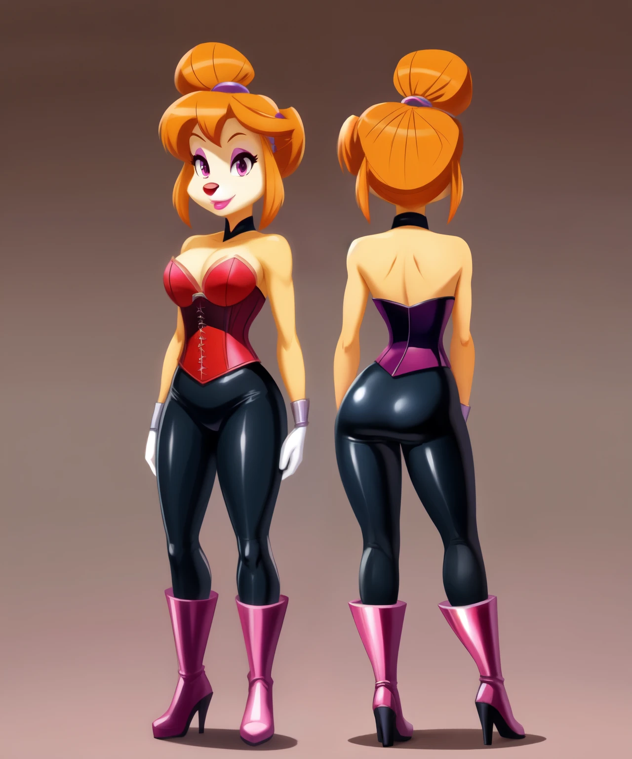 Hazura the female golden retriever, orange ponytail hair, dark pink corset, silver boots, dark pink eyes, pink lipstick, Japanese accent, Disney cartoon, concept art, full body