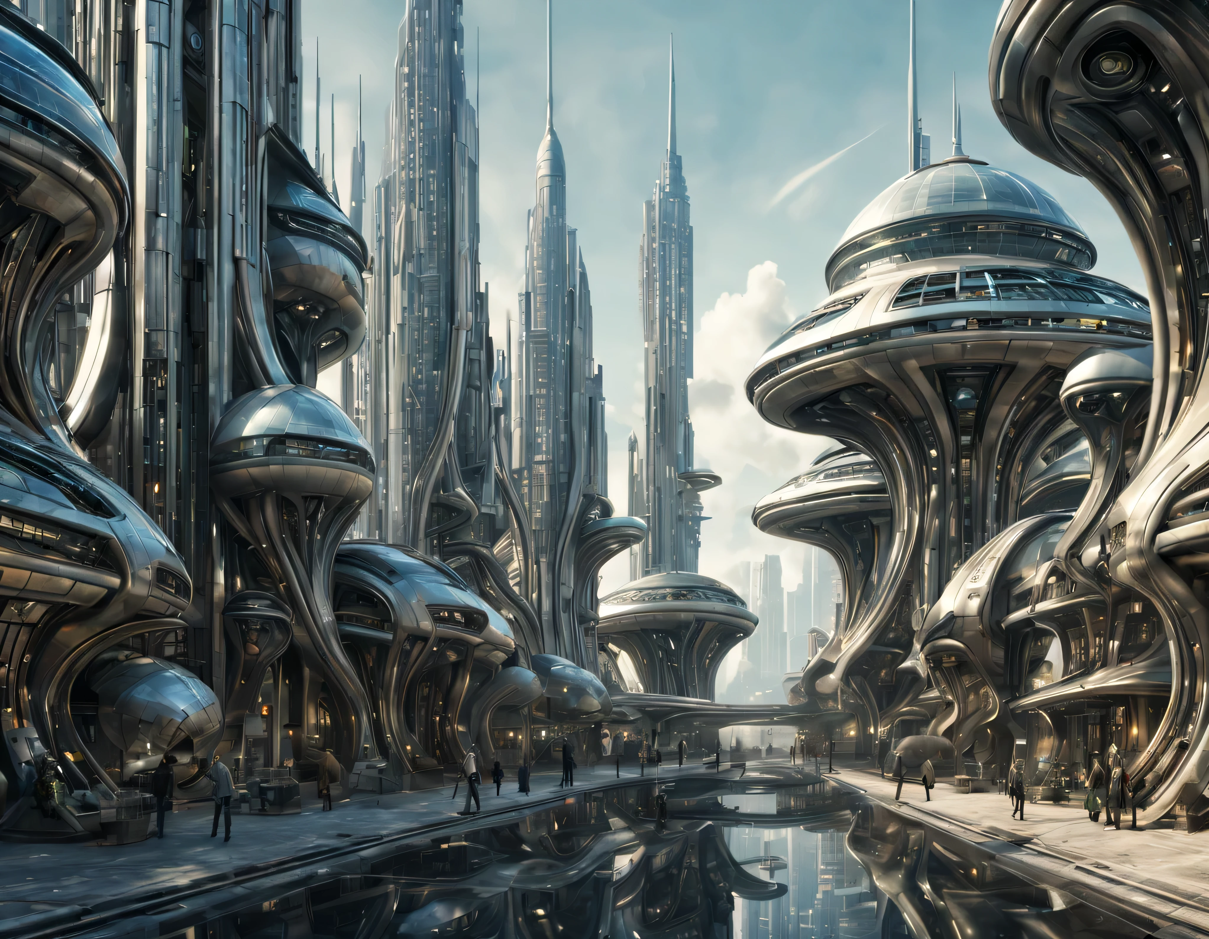 street of an extraterrestrial alien city with futuristic and technological architecture in its metal and glass buildings, some aliens walking around, all full of imagination, science fiction and (intrincados detalles de la maquina).imagen fotorrealista, Maximum sharpness, calidad 8k.(obra maestra de calidad superior). 3D.