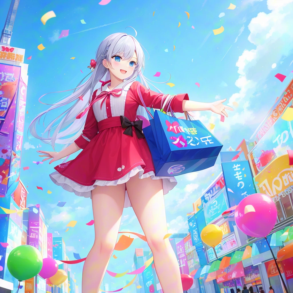 a girl, Large scale promotional activities in shopping malls. At the event, colorful paper scraps were scattered and customers were shopping, creating a joyful atmosphere, panoramic view, Ultra high saturation, (best quality, masterpiece, Representative work, official art, Professional, 8k)
