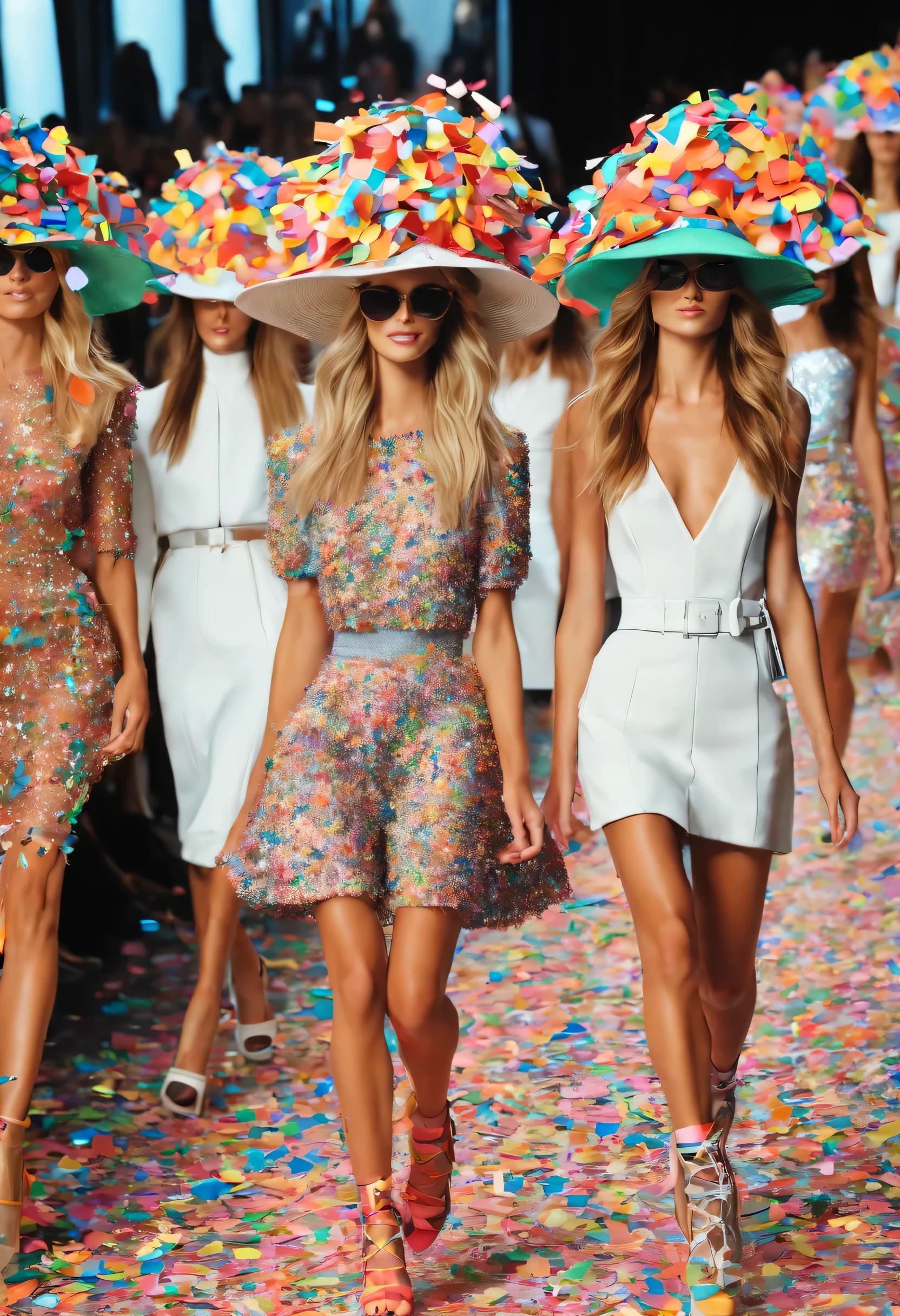 lots of colorful confetti, Beautiful women walking down the runway at a fashion show wearing clothes made of colorful confetti, confetti hat, confetti bag, And shoes made of confetti. wear