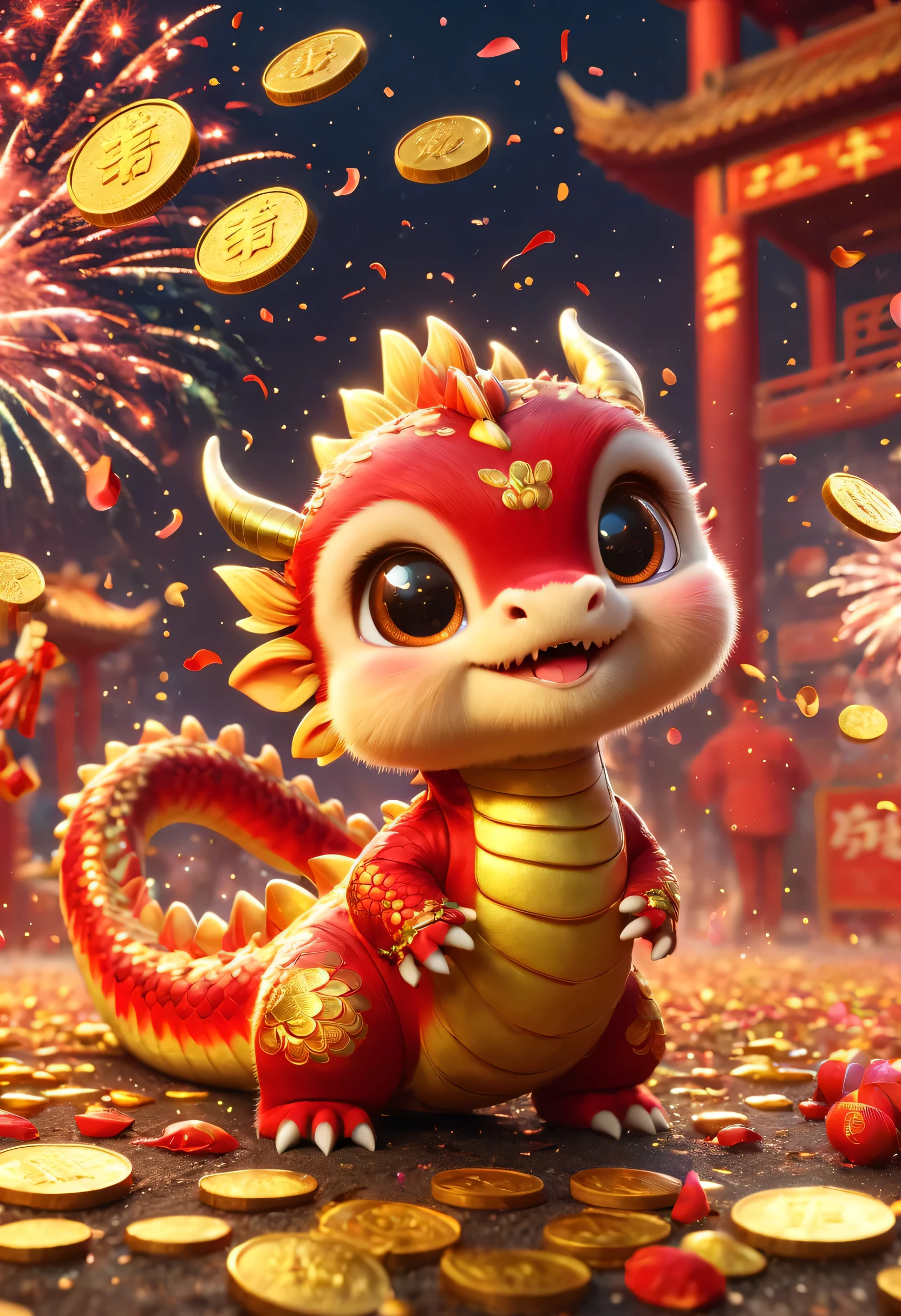 Chinese Lunar New Year has arrived，Cute little dragon looks at the fireworks set off on the ground，Many gold coins burst out from fireworks，Red and gold confetti flying in the sky，Gold coin rain，A strong festive atmosphere，It was lively。