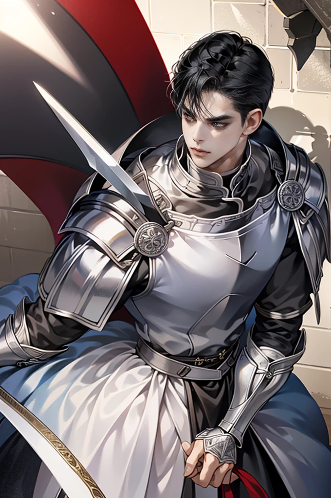 1 , Young male, Eyes red looking to camera, Perfect male body, (Knight, Tall and strong,Black hair,Frown,silver armor, sword in hand,stand in castle),dramatic shadow, Ray Tracing,Portrait,(tmasterpiece, high resolution, ultra - detailed:1.0)