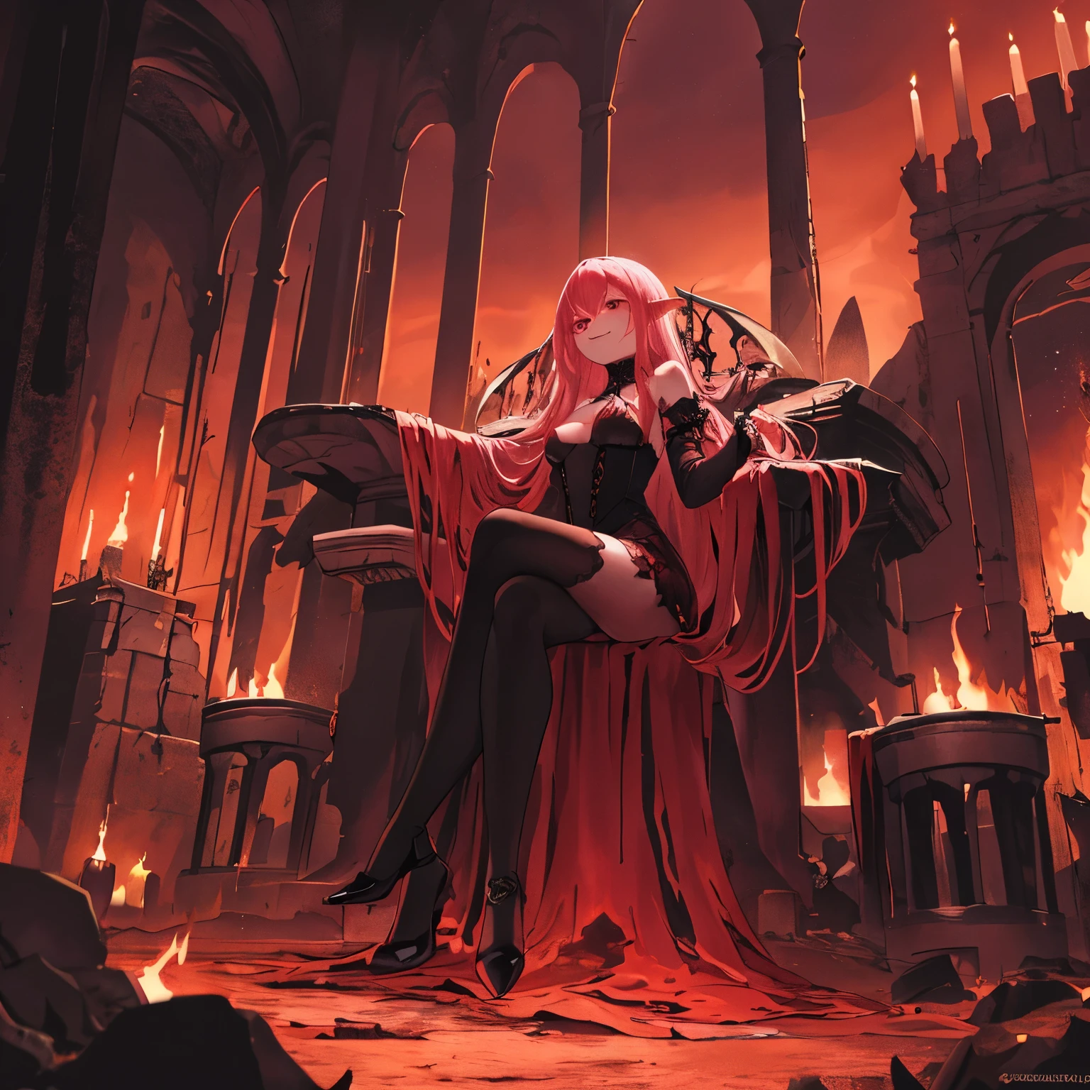 masterpiece, best quality,BREAK
1girl,crimson sky, arms at sides, crimson moon, vampire,frilled dress,dungeon,glowing eyes, evil smile, fangs,(solo:1.2),
Translucent ectoplasm in the dungeon between bones,(puffy nipples:0.7), piles of corpses around,Chair made of bones, blood around the mouth, blood returning,sitting, BREAK
Background of an old castle turned into a dungeon of ruins,black woods burning, gothic architecture ruins, fire burning in the sky,A place where you can see the sky,
