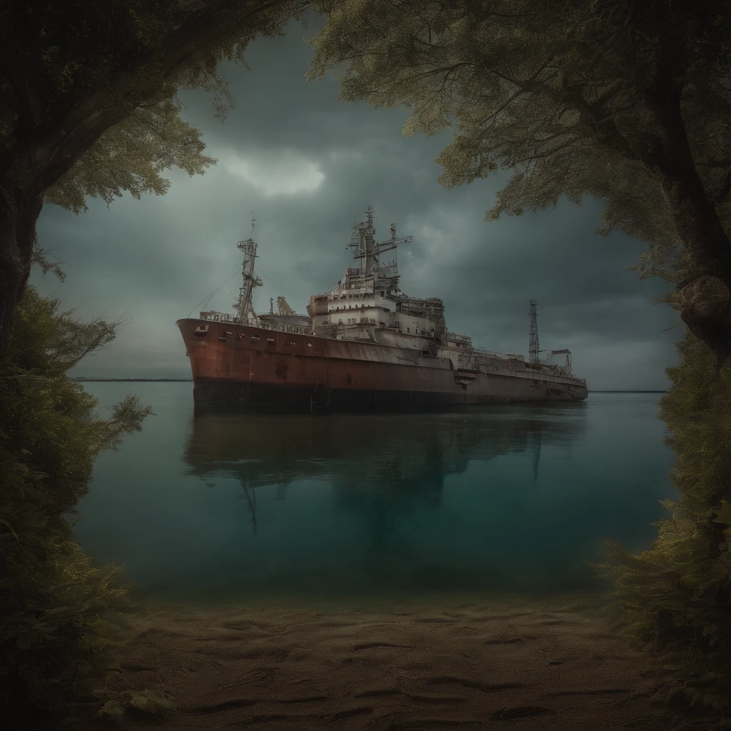 epic realistic, ((((HDR)))), ((((couleur pastel)))), Eschatologique, abandonned, fond de l'ocean,abyssal,Nuclear contamination,jpn,Sunken ships,disuse,Poisson mutant,Mutated algae,Radioactive material,Heavy metal,profondeur de champs,high level of detail
