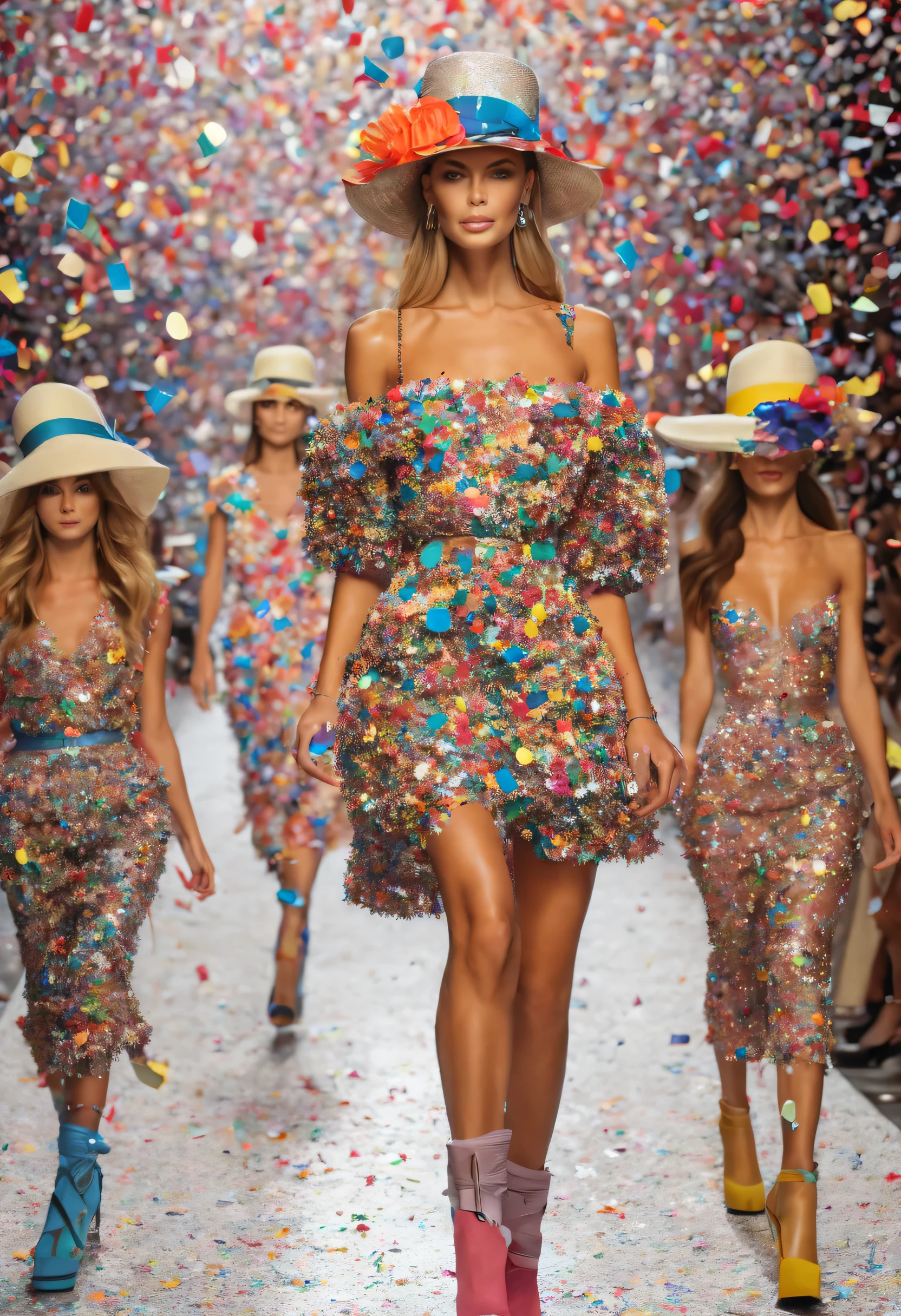 A model walks down the runway in a colorful dress and hat - SeaArt AI