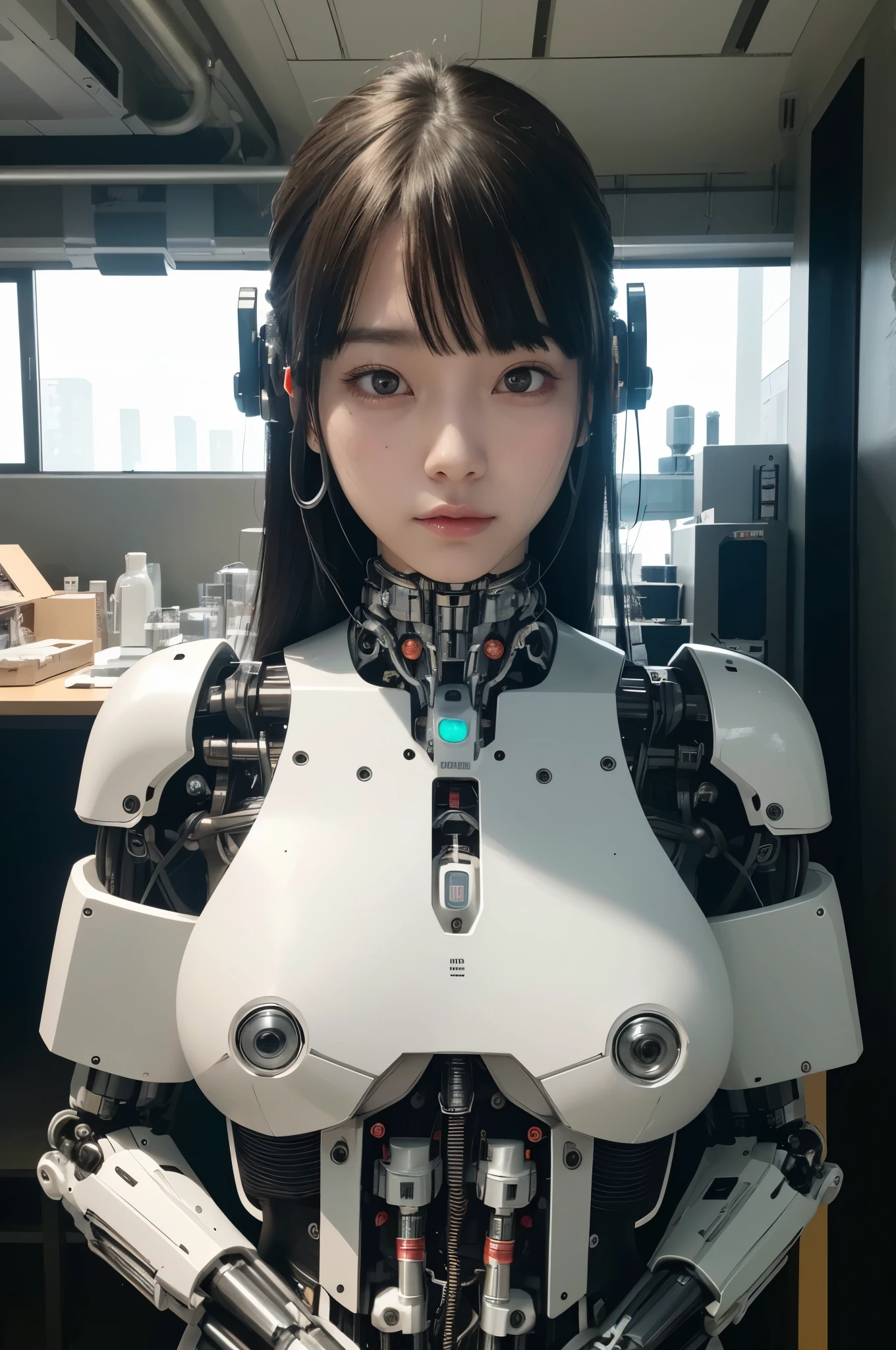 masterpiece, best quality, extremely detailed, Japaese Cyborg girl,Plump , control panels,android,Droid,Mechanical Hand, Robot arms and legs, Black Robot Parts,Black hair,Mechanical body,Blunt bangs,White robotics parts,perfect robot girl,long tube,thick cable connected her neck,ceramic body ,mechanical body, mechanical ear cover, mechanical costume,android,robot,humanoid,cyborg,japanese android woman ,mechanical chest,full eyes,future laboratory,connecting a cable between the legs,