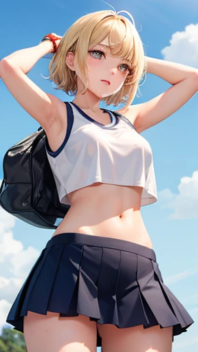 Japanese junior high school girl Athletics Club activities Outdoors Raise both arms wide Legs apart Running Beautiful girl Blonde Short hair Small breasts Slim Beautiful legs Skin is delicate and beautiful White tank top Tank top is transparent White underwear Underwear is transparent Skin The underside of the breasts are visible The clothes are wet The belly button is exposed The whole body is sweaty The hair is wildly messy The hair is wet The shy expression View from directly below Armpit hair is growing