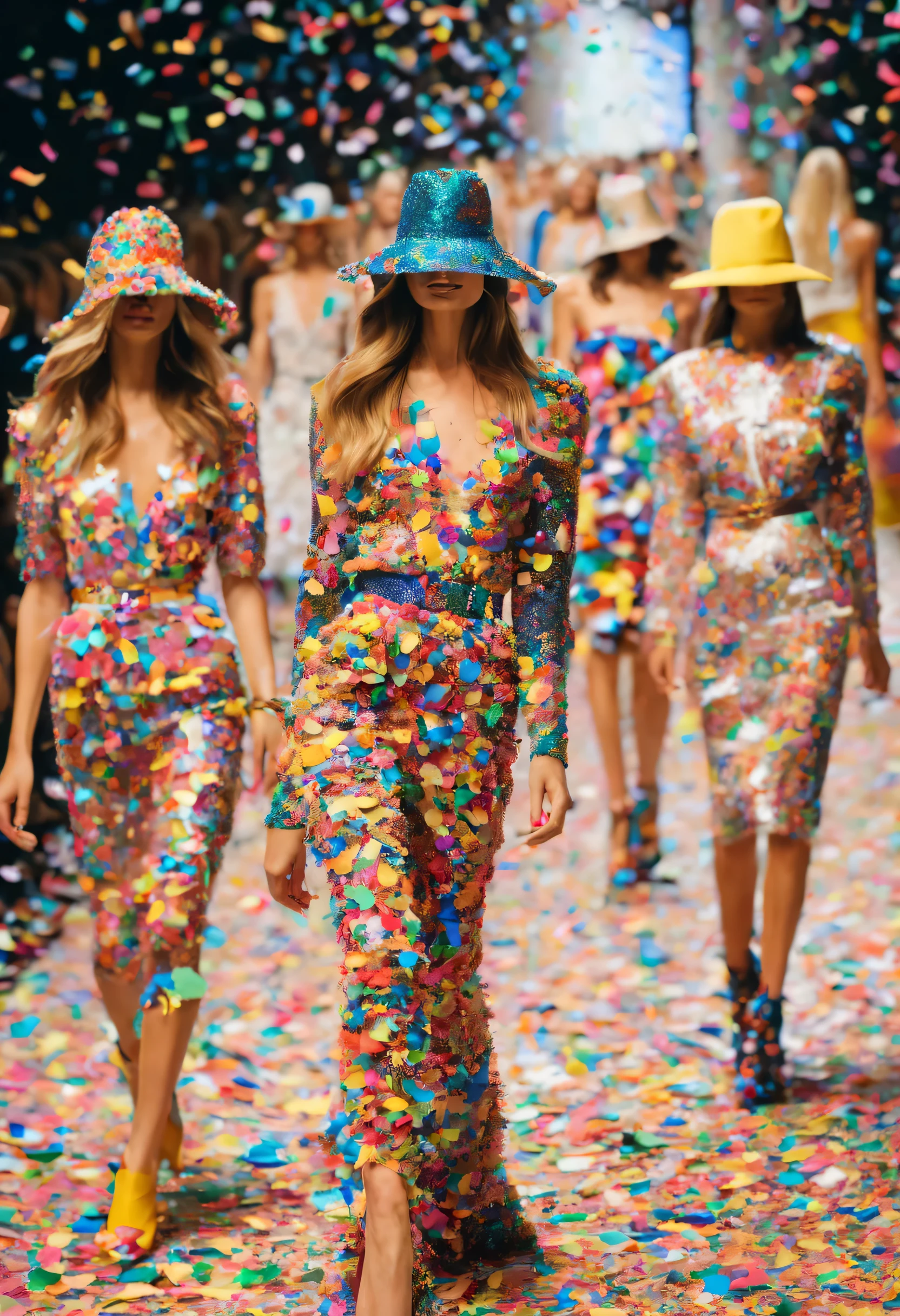 lots of colorful confetti, Beautiful women walking down the runway at a fashion show wearing clothes made of colorful confetti, confetti hat, confetti bag, And shoes made of confetti. wear