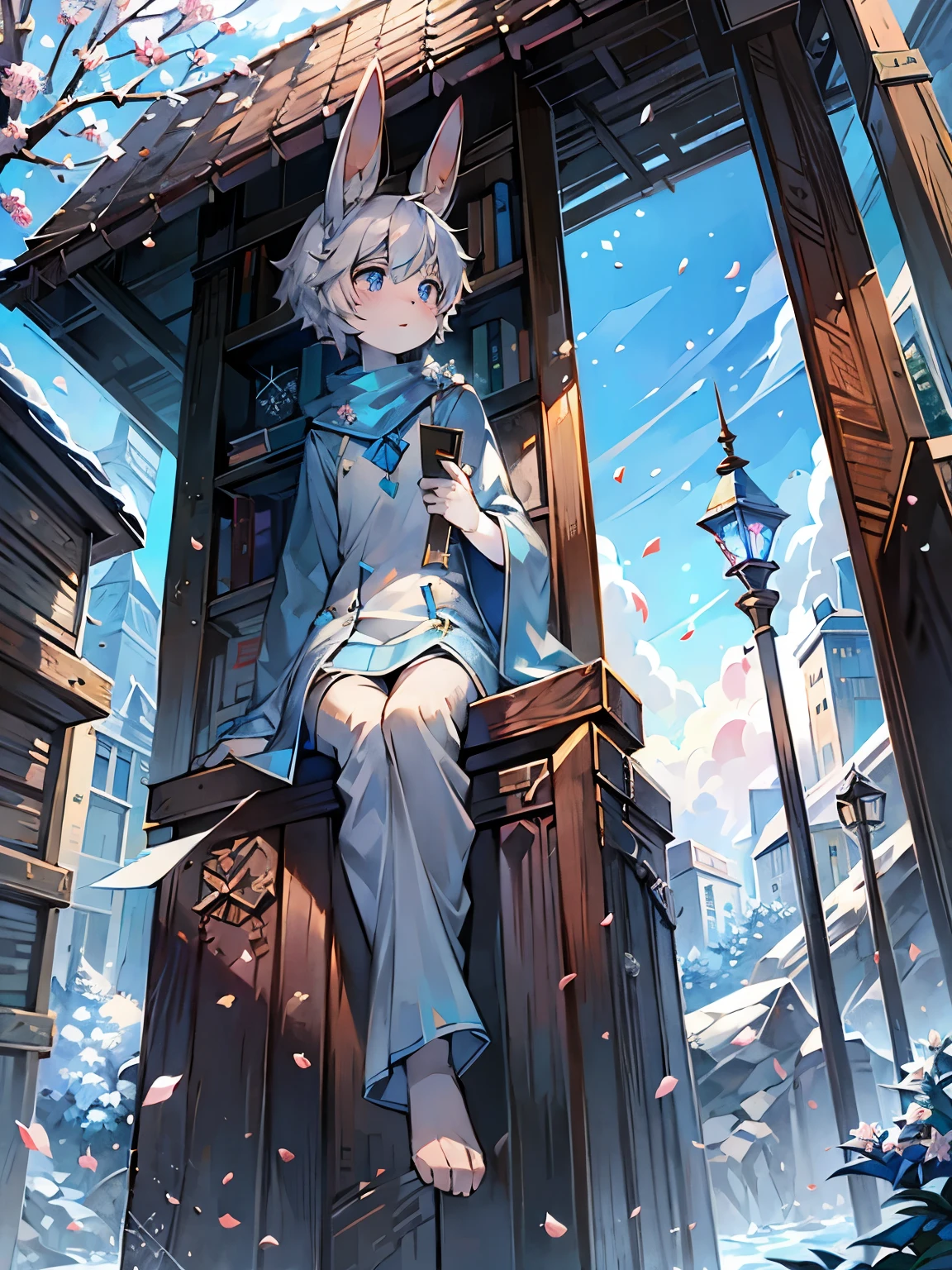 A white rabbit,Long blue scarf,blue robe,sitting on a rock,Blue scarf,clear blue sky,Long rabbit ear hair,Long-sleeved shirt,Shota,white hair,Fluttering petals,HD,The face is clear,snowflake,parchment,plum blossom branch,holding two books in hand,Holding an envelope in his hand,paint brushes,short hair girl,Crystal pupils,cute girl