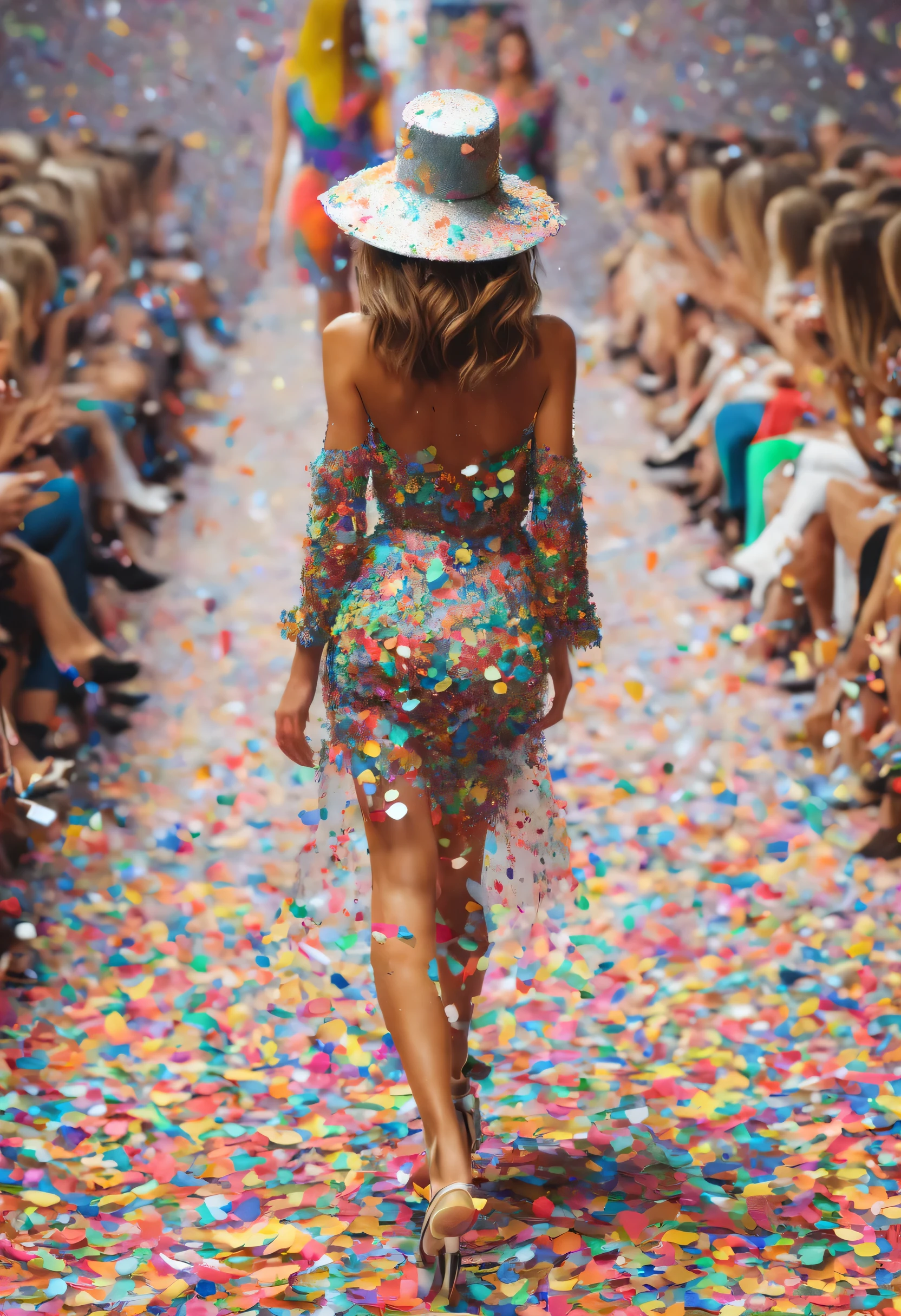 lots of colorful confetti, Beautiful women walking down the runway at a fashion show wearing clothes made of colorful confetti, confetti hat, confetti bag, And shoes made of confetti. wear