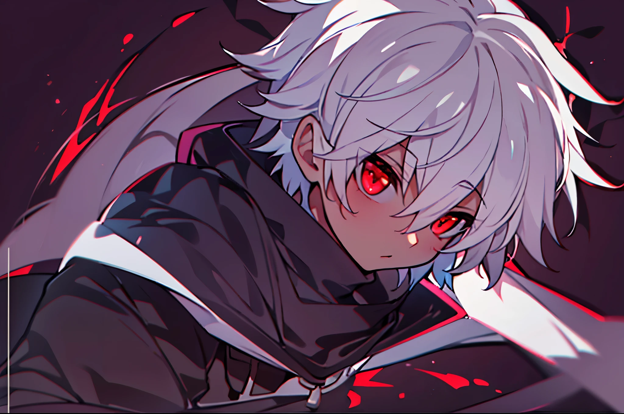 hight resolution,Anime boy with white hair and red eyes staring at camera, red eyes,slim, dressed in a black outfit,Shadow Body,Brown skin,monochromes,hair messy,Diagonal angle