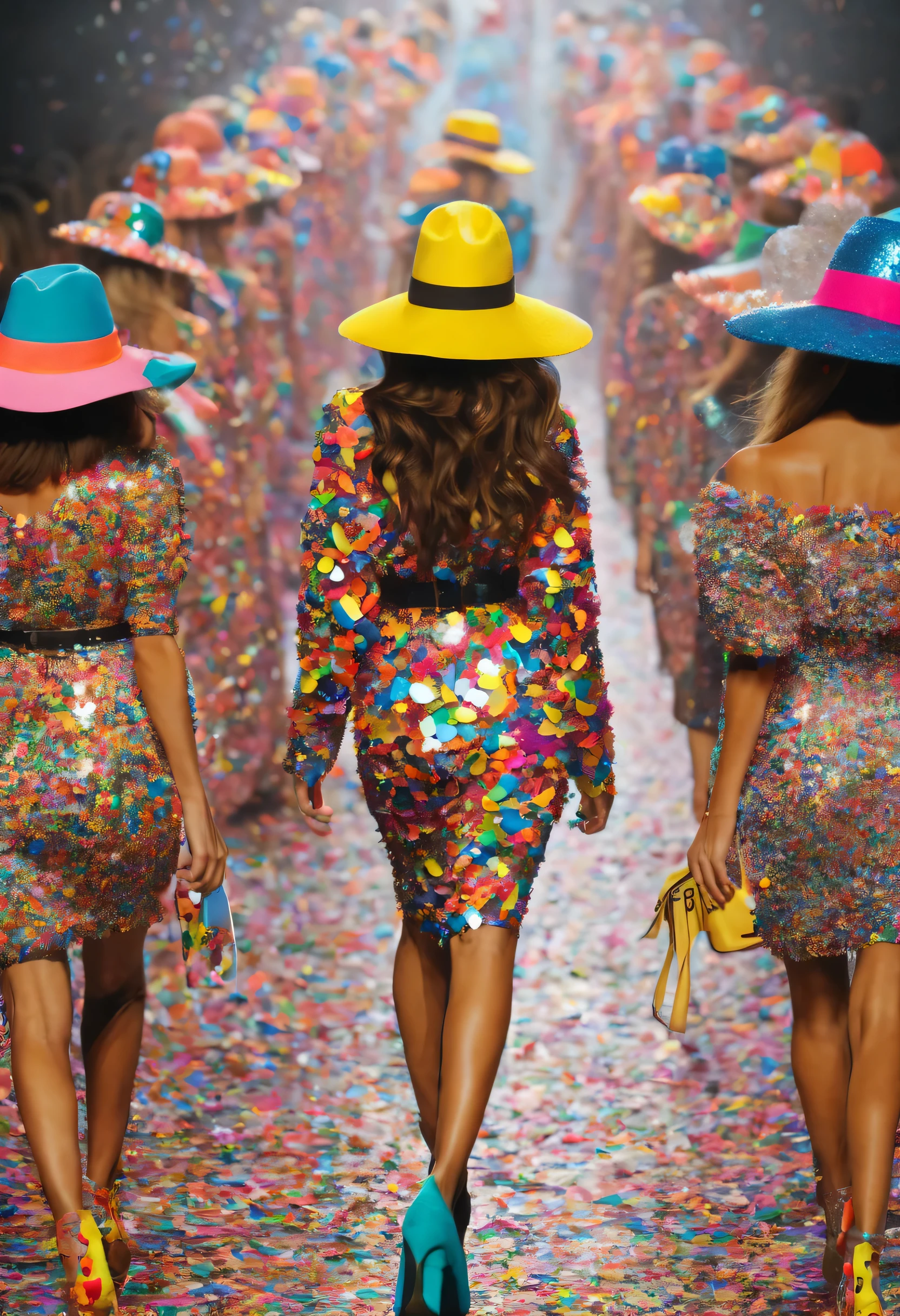 lots of colorful confetti, Beautiful women walking down the runway at a fashion show wearing clothes made of colorful confetti, confetti hat, confetti bag, And shoes made of confetti. wear