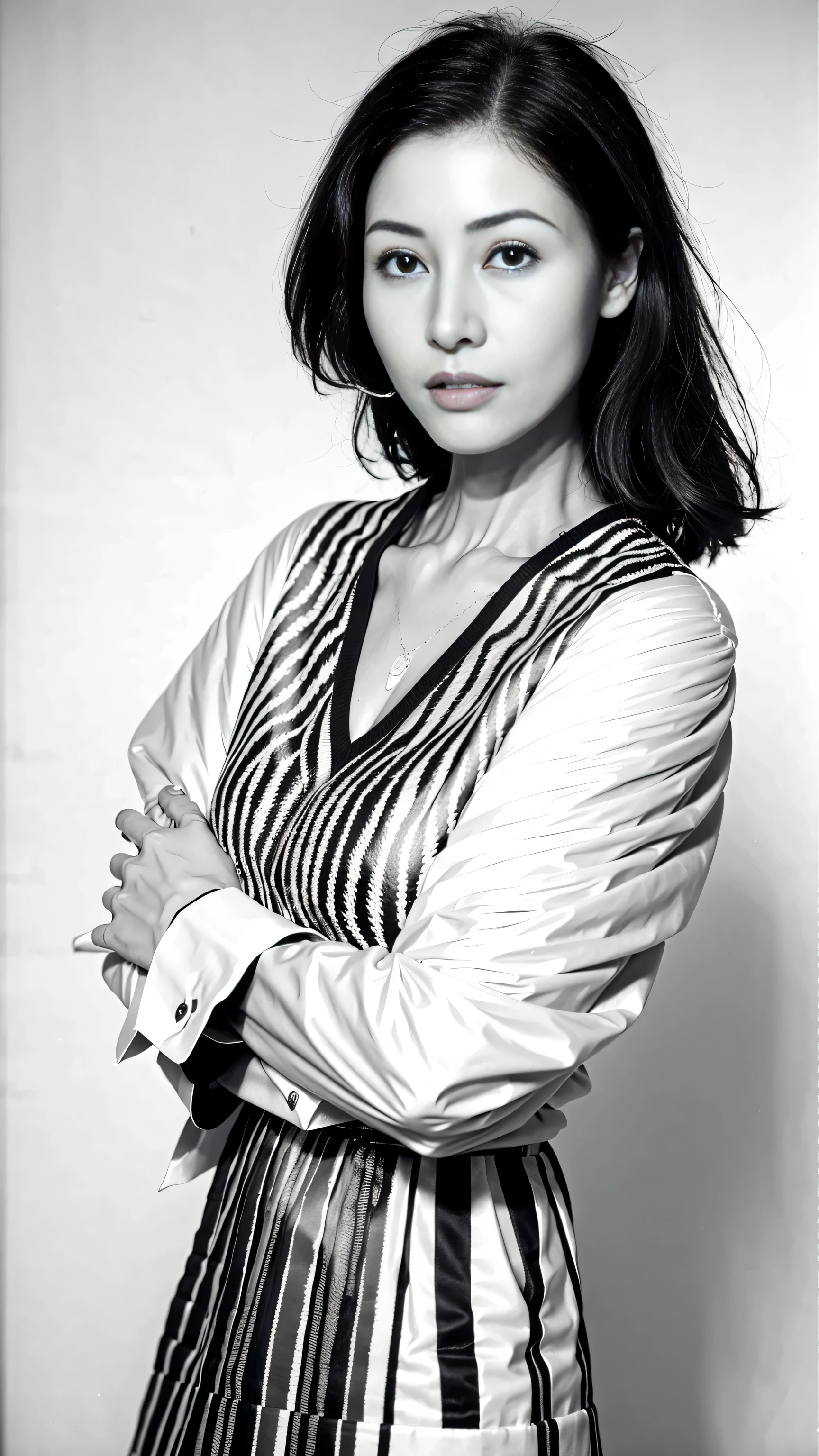 best quality,facial focus,soft light,Super A high resolution,(Photoreality:1.4),original photo,Highlight the valley Japanese girl,cute,(pupils open,There is light in the eyes),Delicate and beautiful face,(Big ),(High-resolution detail of human skin texture),frolicking,cute的笑容,black and white patterned sweater(short bob gray hair),black and white patterned sweater,cow horn,leering,shiny skin,cute的笑容,in the straw of the prairie,Damask shirt dress, (portrait)