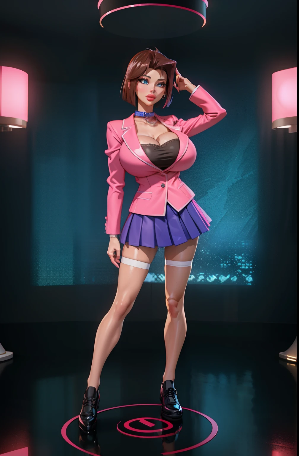 Highest quality,The perfect masterpiece,Perfect artwork,8K,
(Full body view:1.5),(gigantic breasts:1.3),Delicate face, lens, slendered abs, ((tea Gardner)), ((anzu)), Yugioh, 
((Aletta ocean face)),(blue ribbon on collar), (pink blazer), (brunette), (short bobcut), Beauty and dragon,water light reflection, puffy lips, defined cheekbones, (blue skirt), white thighhighs, black dress shoes, pearl illusion,candy color,Cyberpunk,fashion trend,3s material,high-definition,detail representation,3D,c4d,3D,octane rendering,(cleavage), ray tracing,complex details,animated lighting,C4d,OCrenderer,8k,best quality,