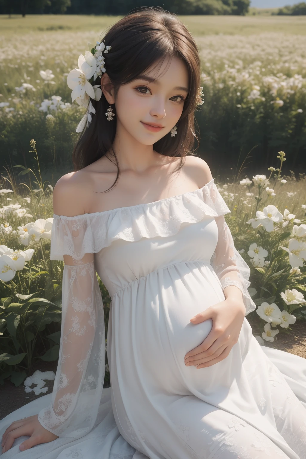 1 woman, 21 years old, 9 pregnant, british, very pale skin, white skin, black hair, straight hair, long hair, onyx black eyes, straight nose, small button nose, big eyes, long eyelashes, very pretty woman, pink lips, thin waist, smile, flower crown, in the garden, standing, dress, side profile, full body, rub her belly