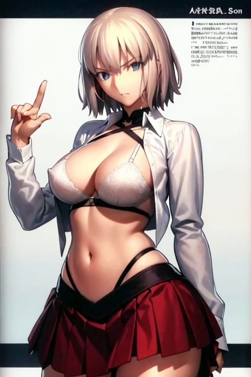 1 girl,short silver hair,large breasts,dress shirt,skirt,clothes lift,front open shirt,skirt lift,show off bra,show off panties,side tie panties,bra,beatiful detailed breasts,beatiful detailed clothes,beatiful detailed 5 fingers,beatiful detailed arms,nsfw,ultra detailed,anime style