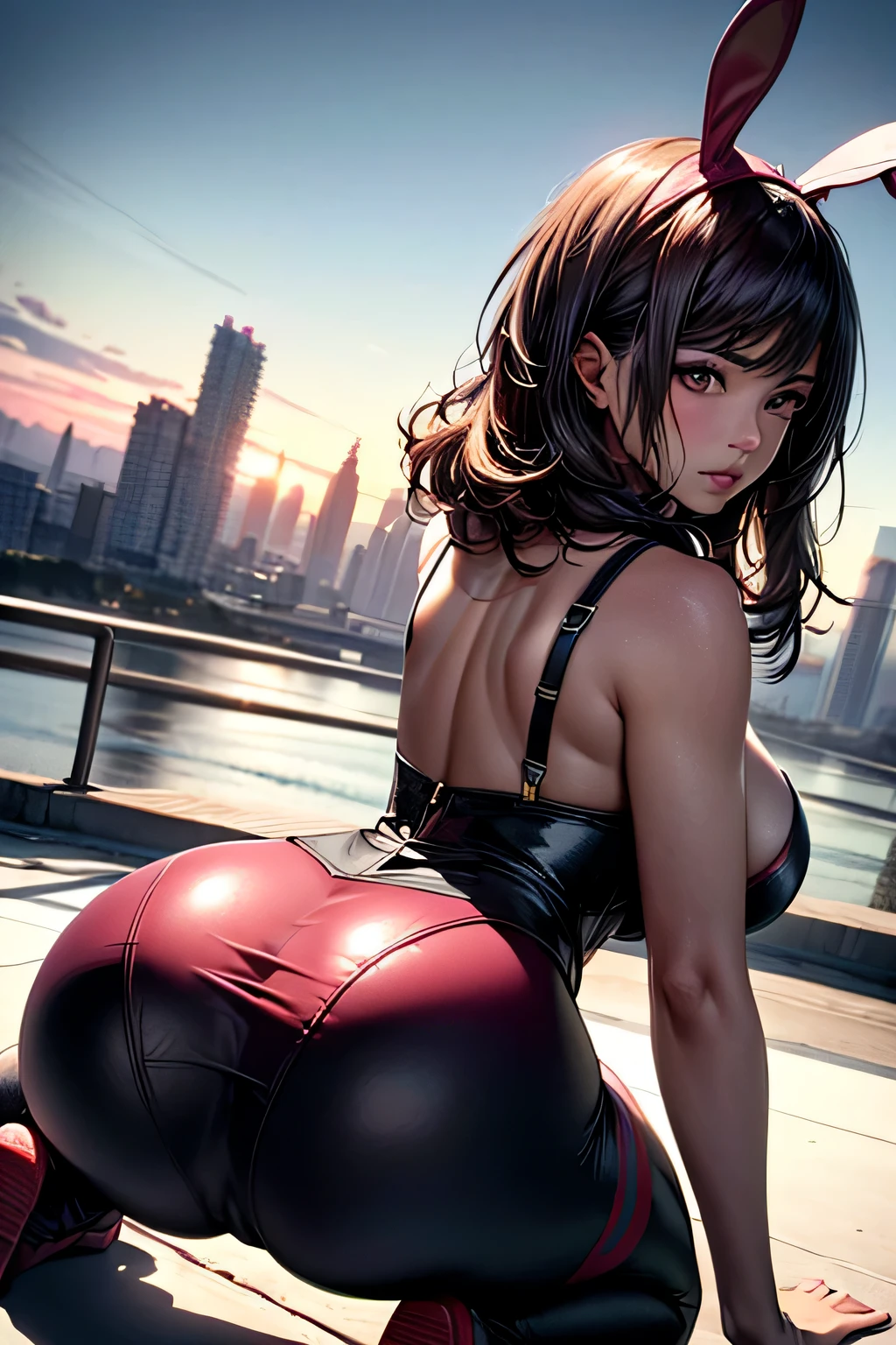 1 female, 40 generations, Bewitching, (blush), (With a butt like that), white skin, (detailed face), oval face, ultra high resolution, (middle~big ,:1.37, cleavage:1.37), (lifter gloss, eyelash, gross, highest quality, ultra high resolution, wide range lighting, natural shading), brown thin hair, (Detailed pink rubber bunny girl costume:1.3), (( from behind:1.3, kneel down:1.3, leaning forward:1.3, get down on all fours:1.3, top down bottom up)), blurred background, 画像をmiddle央に配置, (((View from behind:1.5))), (8K, RAW photo, highest quality, masterpiece), High-definition RAW color photo, professional photos, (realistic, photo-realistic:1.37),cinematic light, (finery detailed face:1.2), cowboy shot