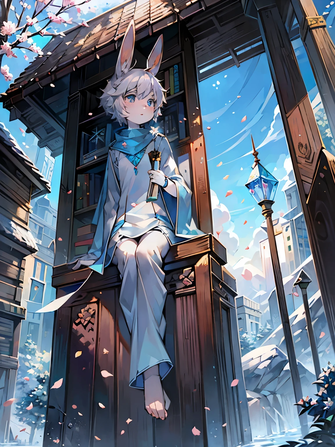 A white rabbit，Long blue scarf，blue robe，sitting on a rock，Blue scarf，clear blue sky，Long rabbit ear hair，Long-sleeved shirt，Shota，white hair，Fluttering petals，HD，The face is clear，snowflake，parchment，plum blossom branch，holding two books in hand，Holding an envelope in his hand，paint brushes，short hair girl，Crystal pupils，cute girl