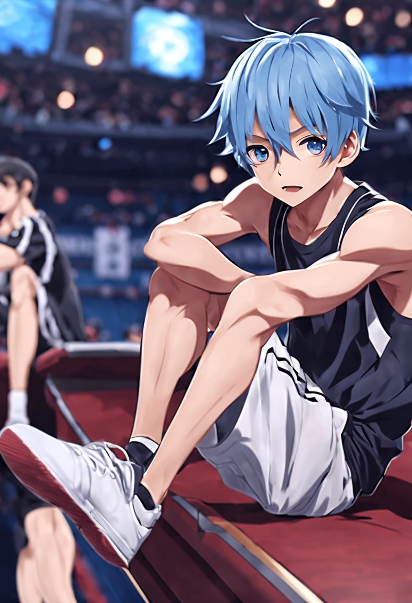 masterpiece,best quality,8K quality,highest resolution,unparalleled clarity,full body character,panoramic, Delicate face,full body character,telephoto lens,A boy with fine fingers,sports student,Handsome boy,cute,8 year old,Shota,anime characters,Heterochromic eyes,muscle(0.4)look at the audience,smirk,Male focus is prominent,messy blue hair,sportswear,black bodysuit,Spread your legs towards the audience,Sitting on the sofa facing the audience,white socks,Living room background with clear face