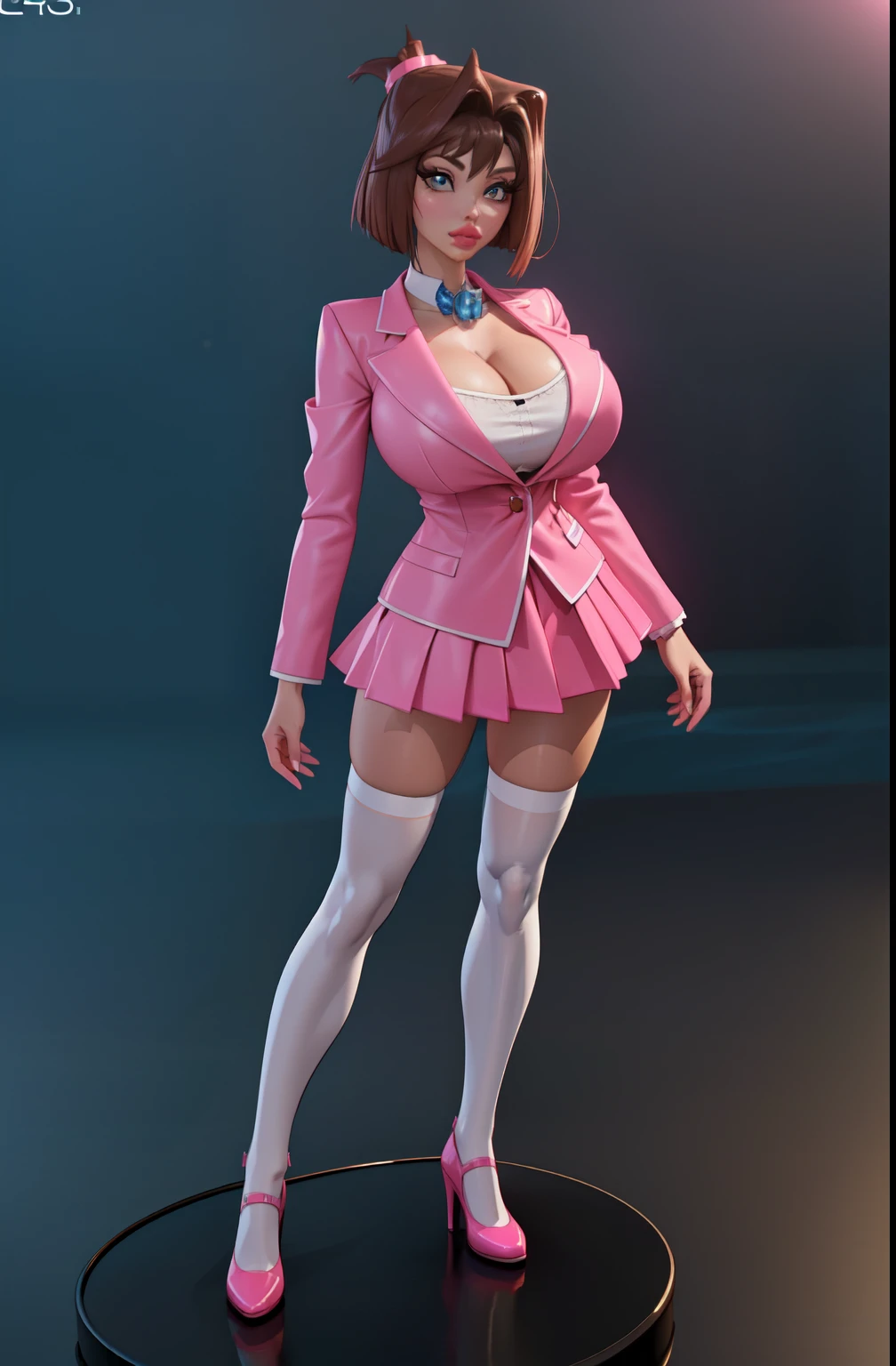 Highest quality,The perfect masterpiece,Perfect artwork,8K,
(Full body view:1.5),(gigantic breasts:1.3),Delicate face, lens, slendered abs, ((tea Gardner)), ((anzu)), Yugioh, 
((Aletta ocean face)), blue ribbon on collar, (pink blazer), (brunette), (short bobcut), Beauty and dragon,water light reflection, puffy lips, defined cheekbones, blue skirt, white thighhighs, black dress shoes, pearl illusion,candy color,Cyberpunk,fashion trend,3s material,high-definition,detail representation,3D,c4d,3D,octane rendering,ray tracing,complex details,animated lighting,C4d,OCrenderer,8k,best quality,