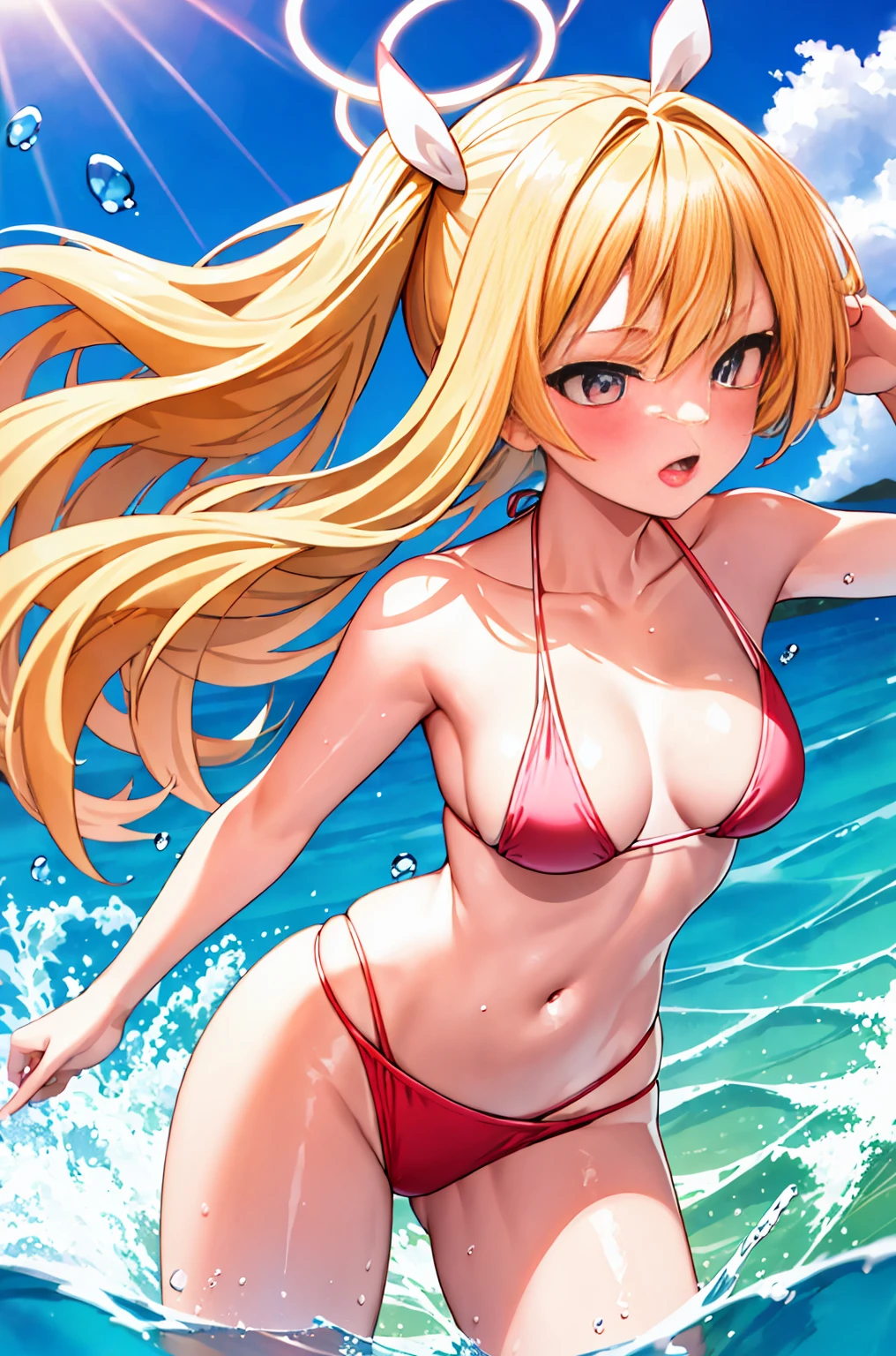 best quality, masterpiece, incredibly beautiful, very elaborate 8K wallpaper, otherworldly beautiful girl, , (fair skinned), (blonde hair pink gradient hair), Side pony, intermittently, Open your mouth and laugh, long eyelashes, cosmetic, One eye open, (zoom out, big, bigREAK, summer, Beachy, (bikini), Reflection in the water, (Floating water drops blur foreground), (blue sky), lens flare glow, (water splash), Sunlight,