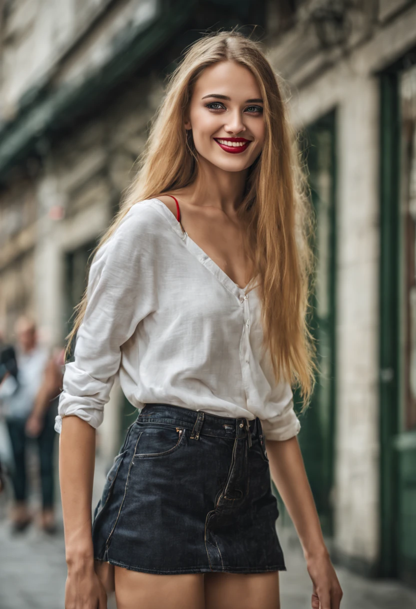 ultrarealistic high quality photo of a beautiful young tall busty european girl with cute face and natural blonde long hair and beautiful embarrassed smile, realistic eyes, freckles, glossy red lips, smokey eyes makeup, wearing casual clothes with miniskirt , full body side view street photography,
