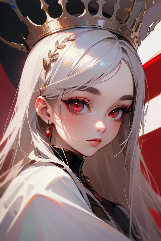 (highest quality, masterpiece:1.2), High resolution, Super detailed, realistic:1.37, fantasy, An illustration, red eyes, Queen, white dress.Platinum decoration、beautifully、Eyeshadow Red、eyebrows are dark、lashes are long、Pupils are black