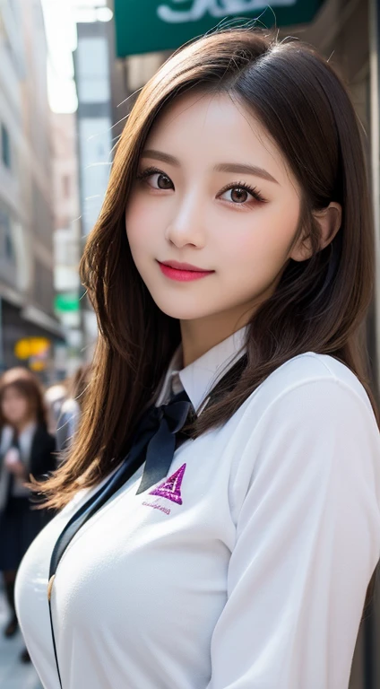 Uniforms, best quality, Super detailed, fine details, high resolution, 8k wallpaper, Perfect dynamic composition, Beautiful and delicate eyes, Dores,medium hair, big breasts, natural color lips, Casual and sexy pose,Smile,Aoyama Pedestrian Street、a 24 year old girl